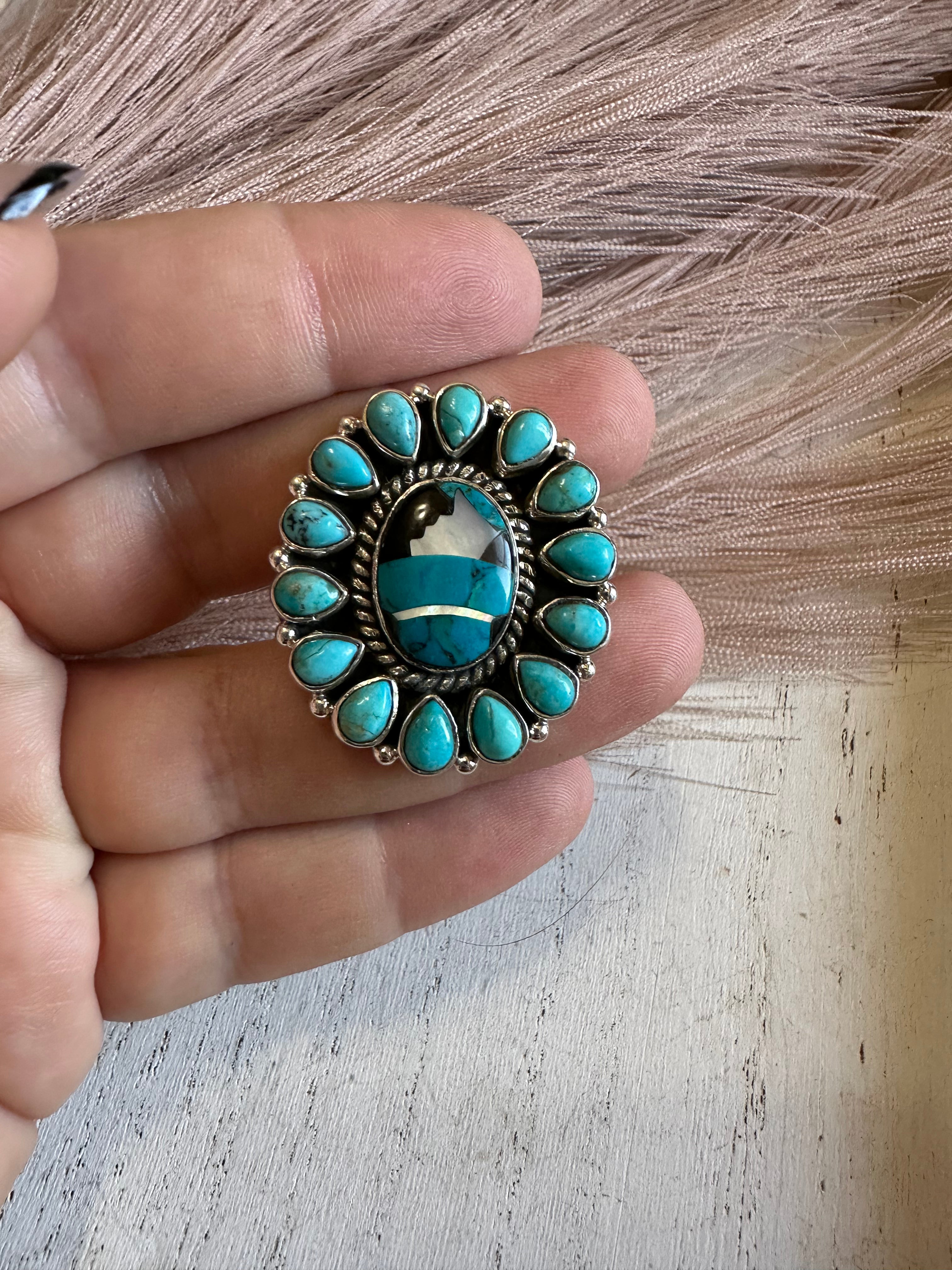 Handmade Turquoise & Sterling Silver Adjustable Ring Signed Nizhoni