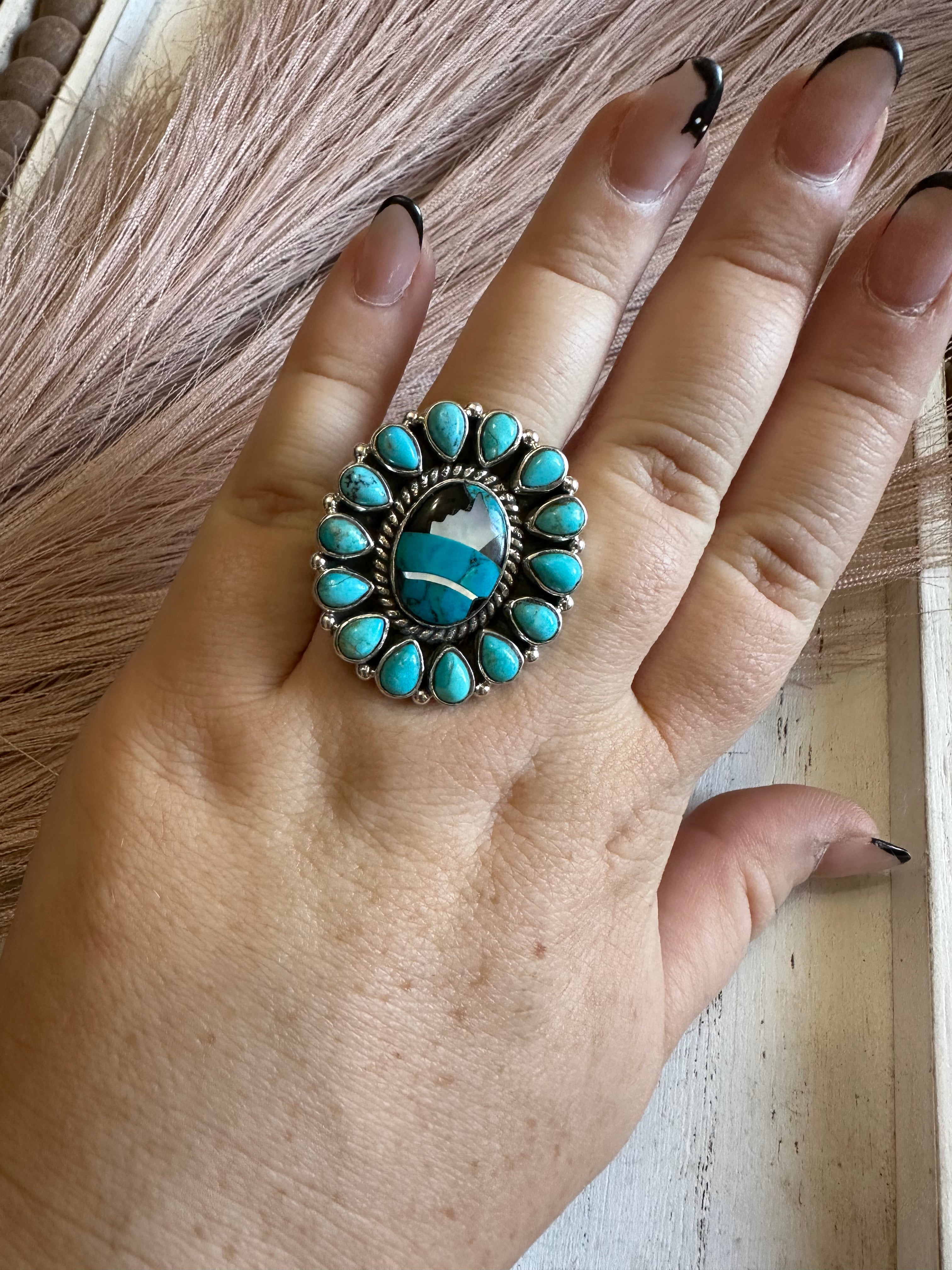 Handmade Turquoise & Sterling Silver Adjustable Ring Signed Nizhoni