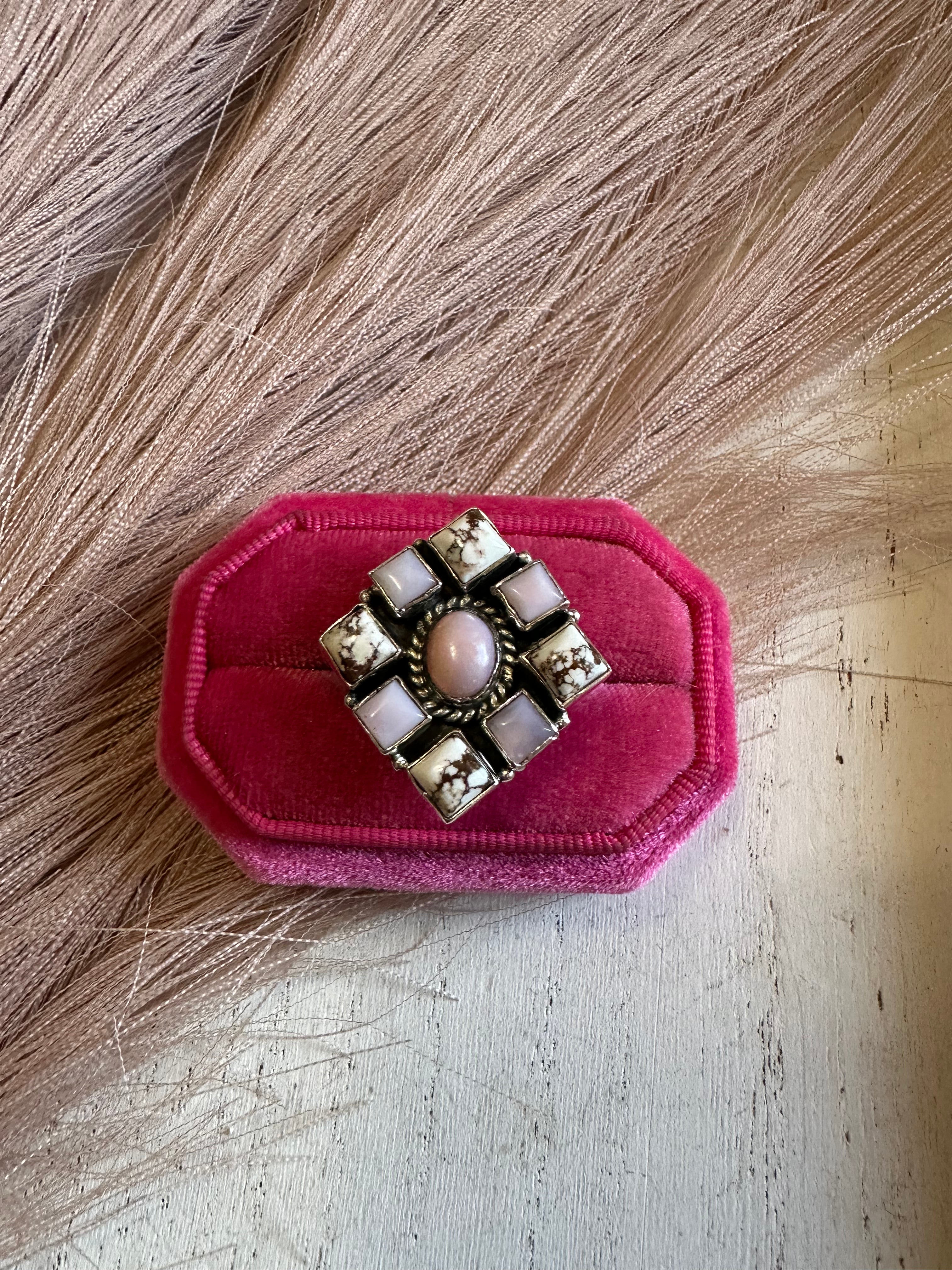 Handmade Wild Horse, Pink Conch & Sterling Silver Adjustable Ring Signed Nizhoni