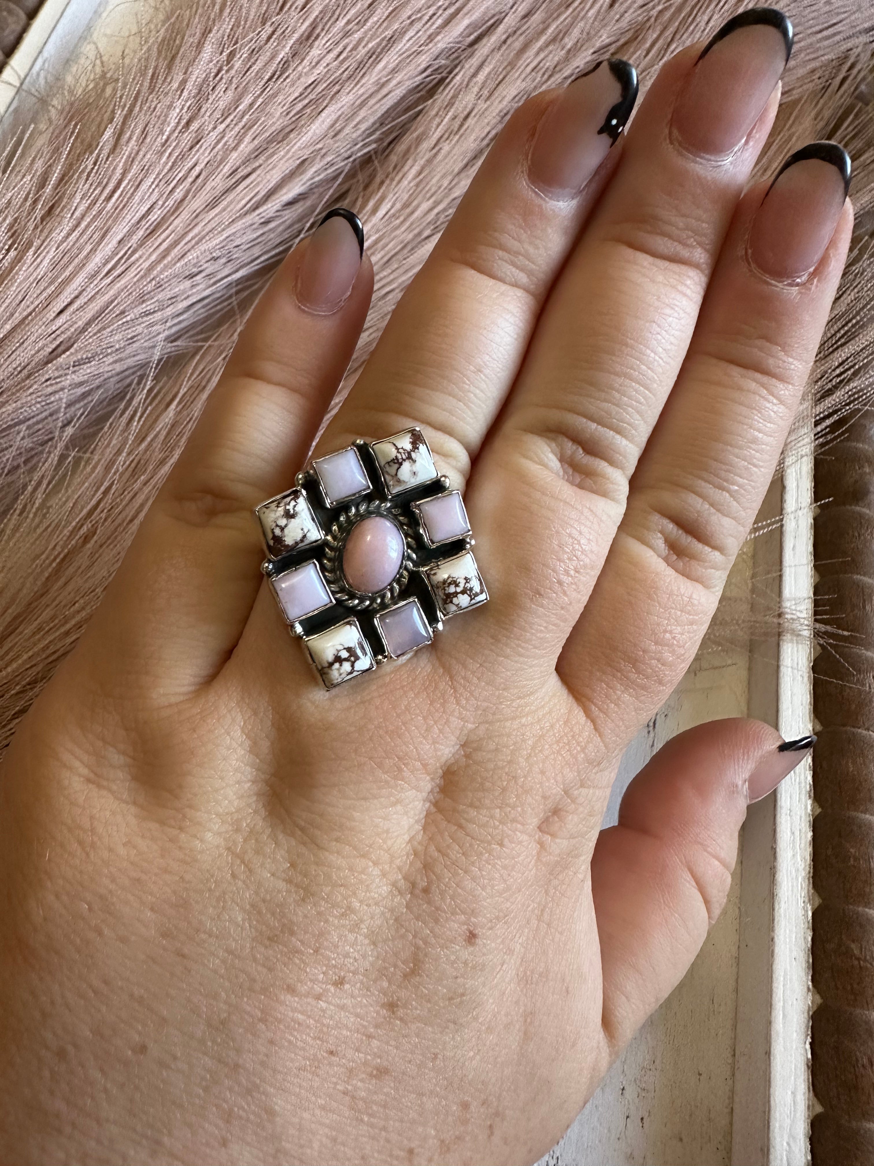 Handmade Wild Horse, Pink Conch & Sterling Silver Adjustable Ring Signed Nizhoni