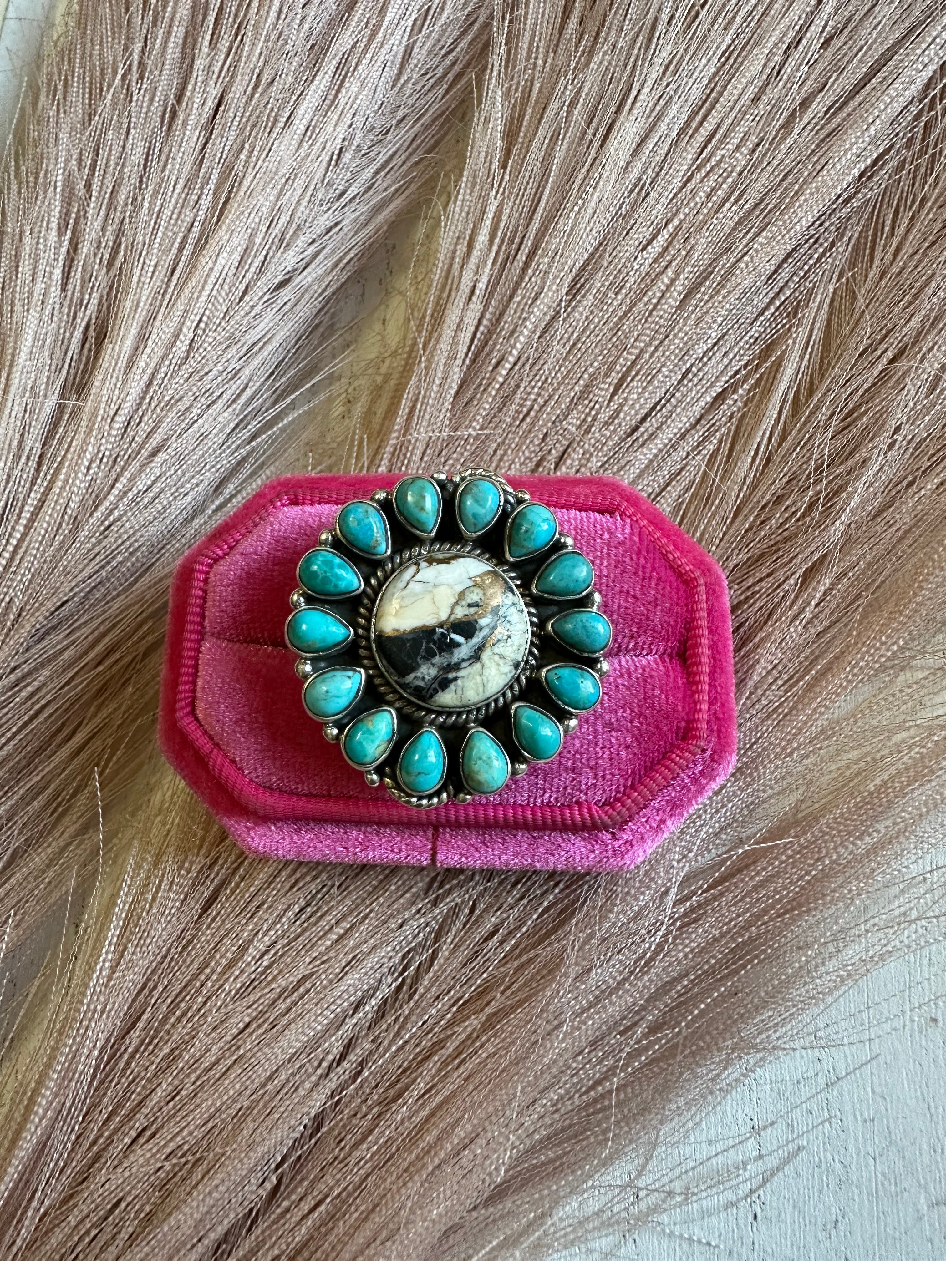 Handmade White Buffalo Mojave, Turquoise & Sterling Silver Adjustable Circle Ring Signed Nizhoni