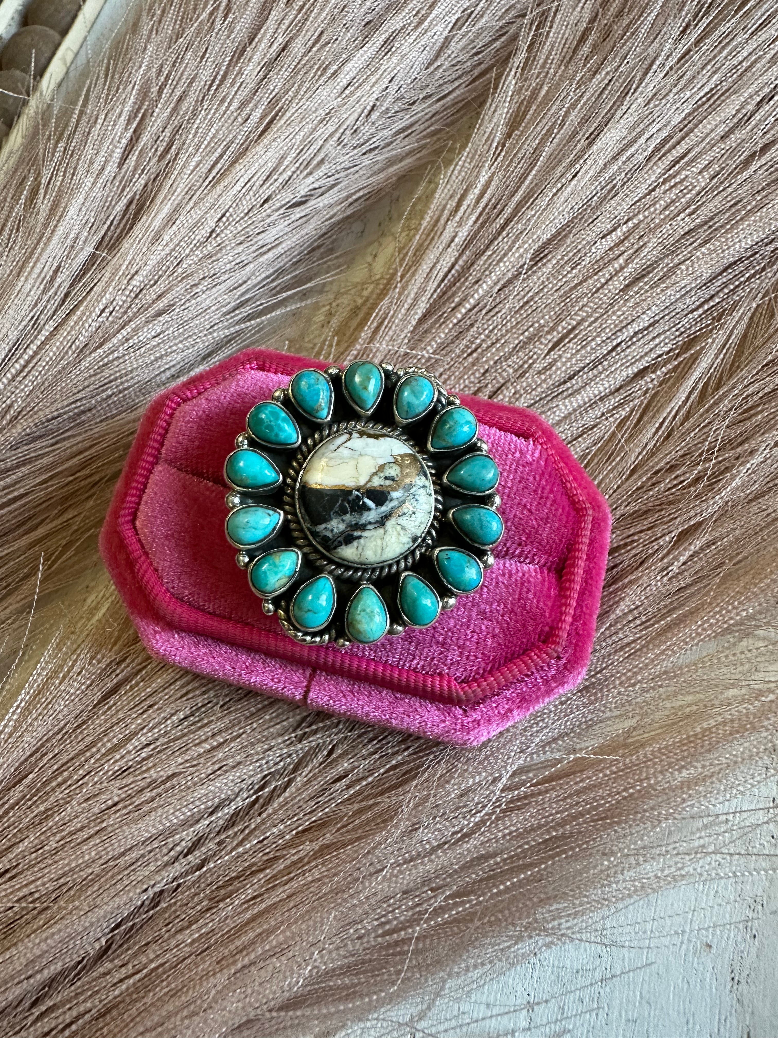 Handmade White Buffalo Mojave, Turquoise & Sterling Silver Adjustable Circle Ring Signed Nizhoni