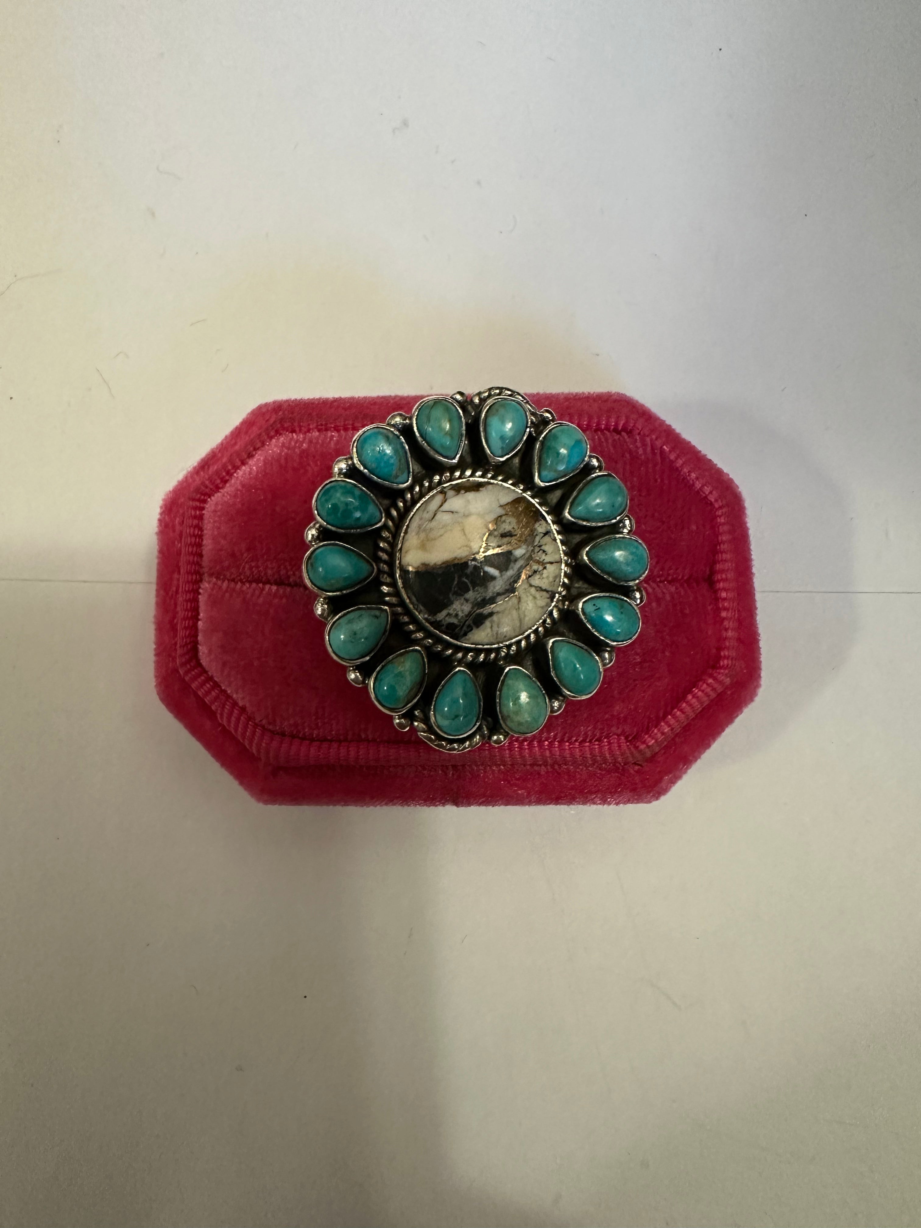 Handmade White Buffalo Mojave, Turquoise & Sterling Silver Adjustable Circle Ring Signed Nizhoni