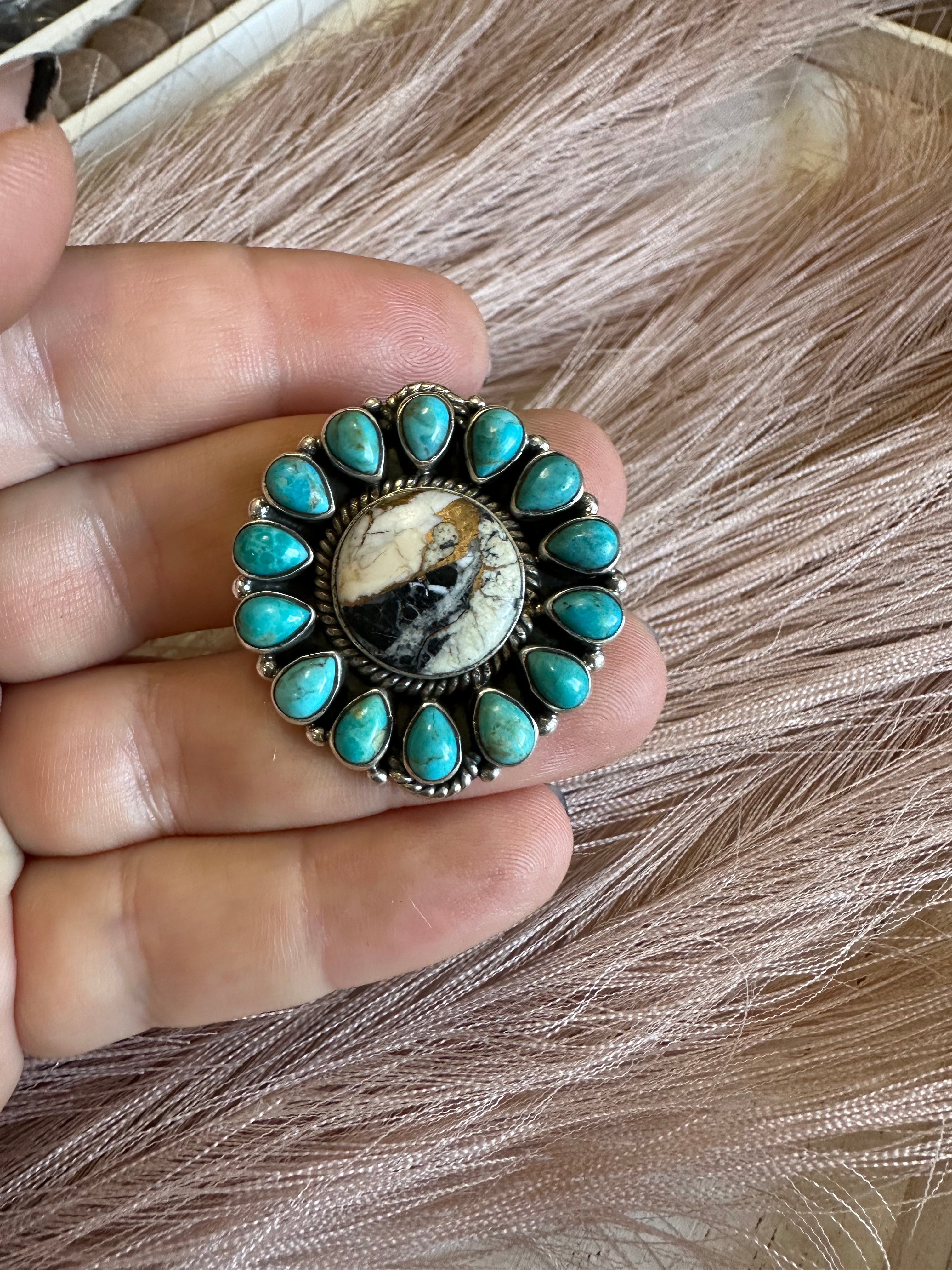 Handmade White Buffalo Mojave, Turquoise & Sterling Silver Adjustable Circle Ring Signed Nizhoni