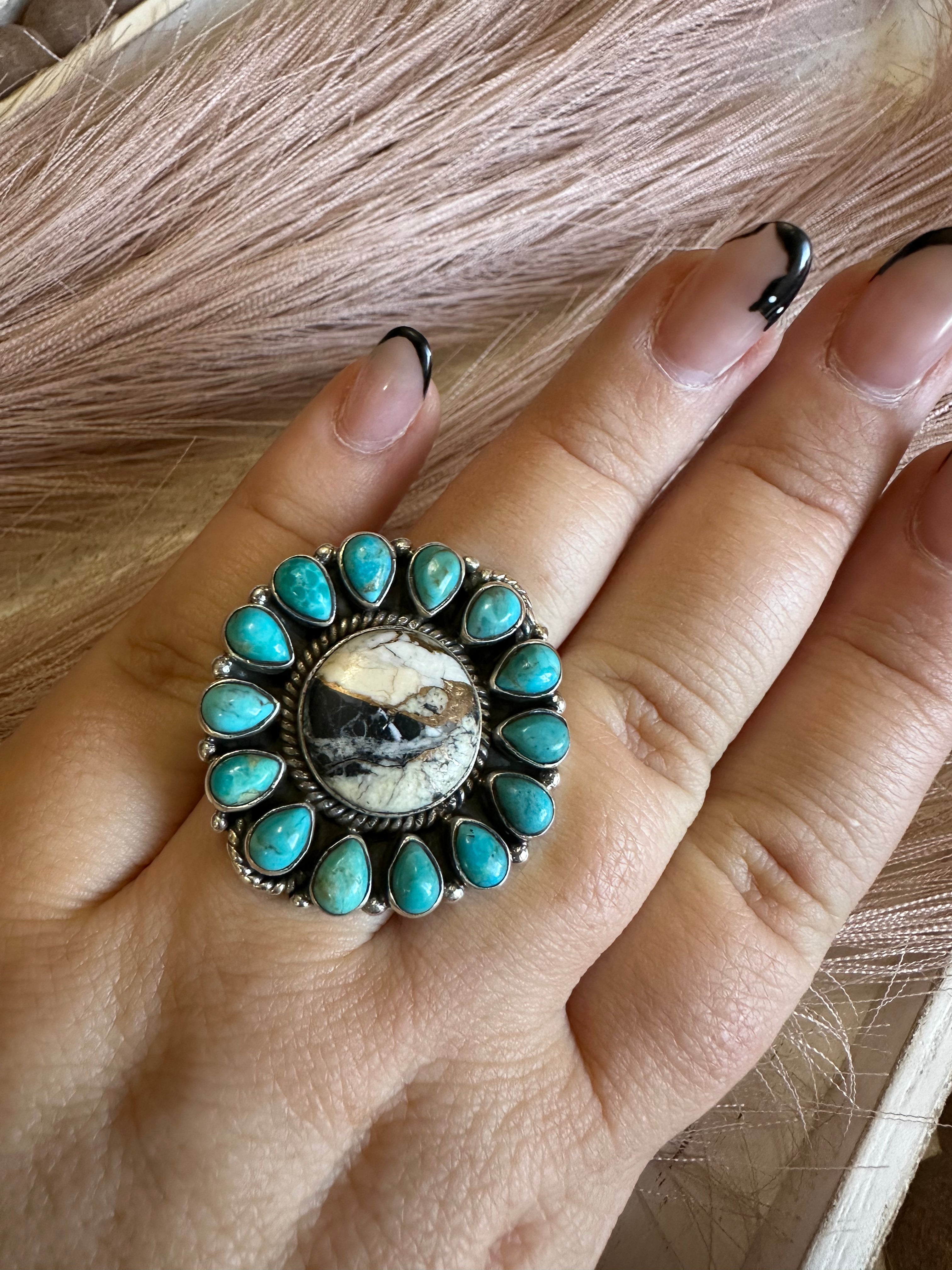 Handmade White Buffalo Mojave, Turquoise & Sterling Silver Adjustable Circle Ring Signed Nizhoni