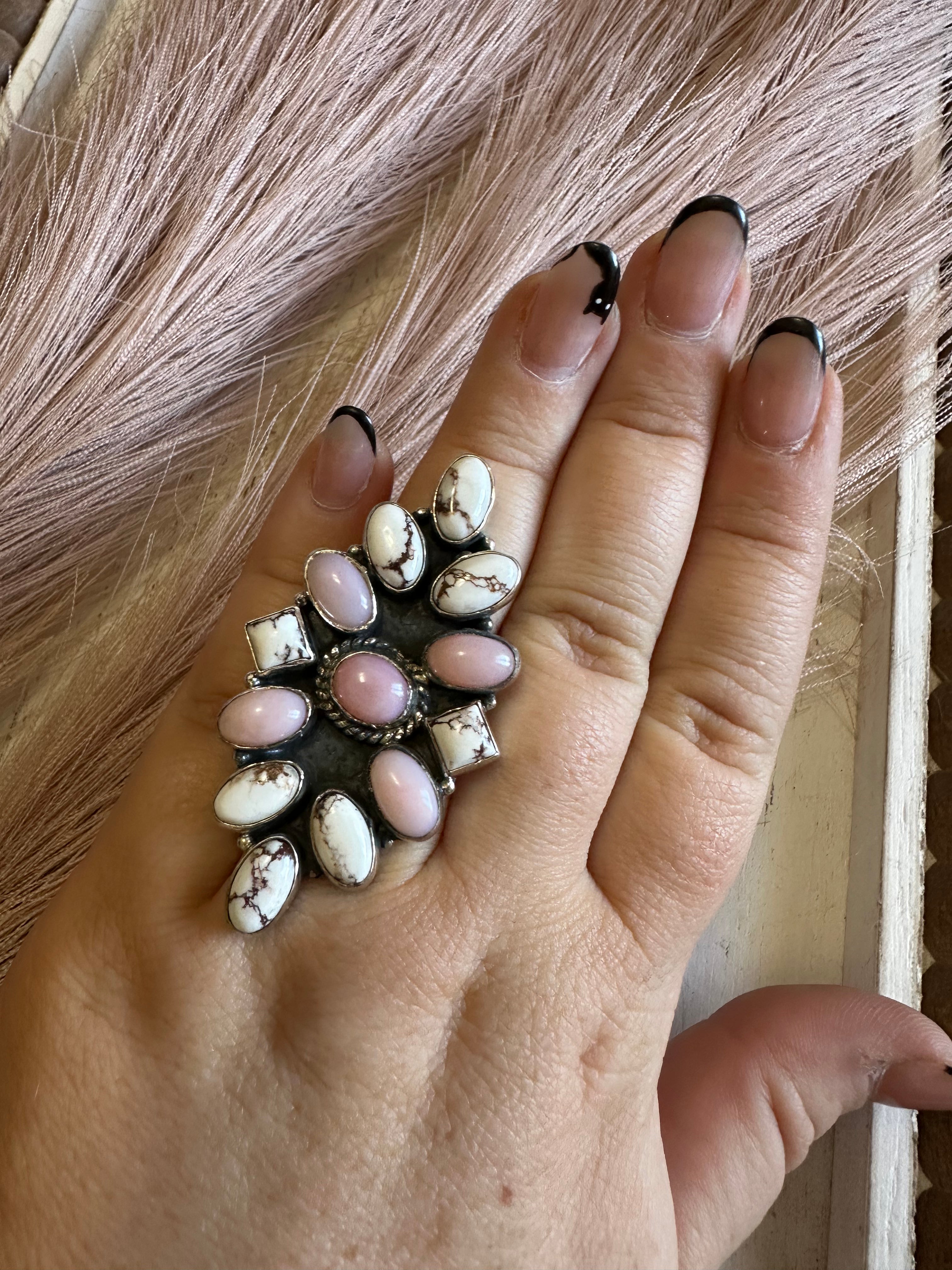 Handmade Wild Horse, Pink Conch & Sterling Silver Adjustable Ring Signed Nizhoni