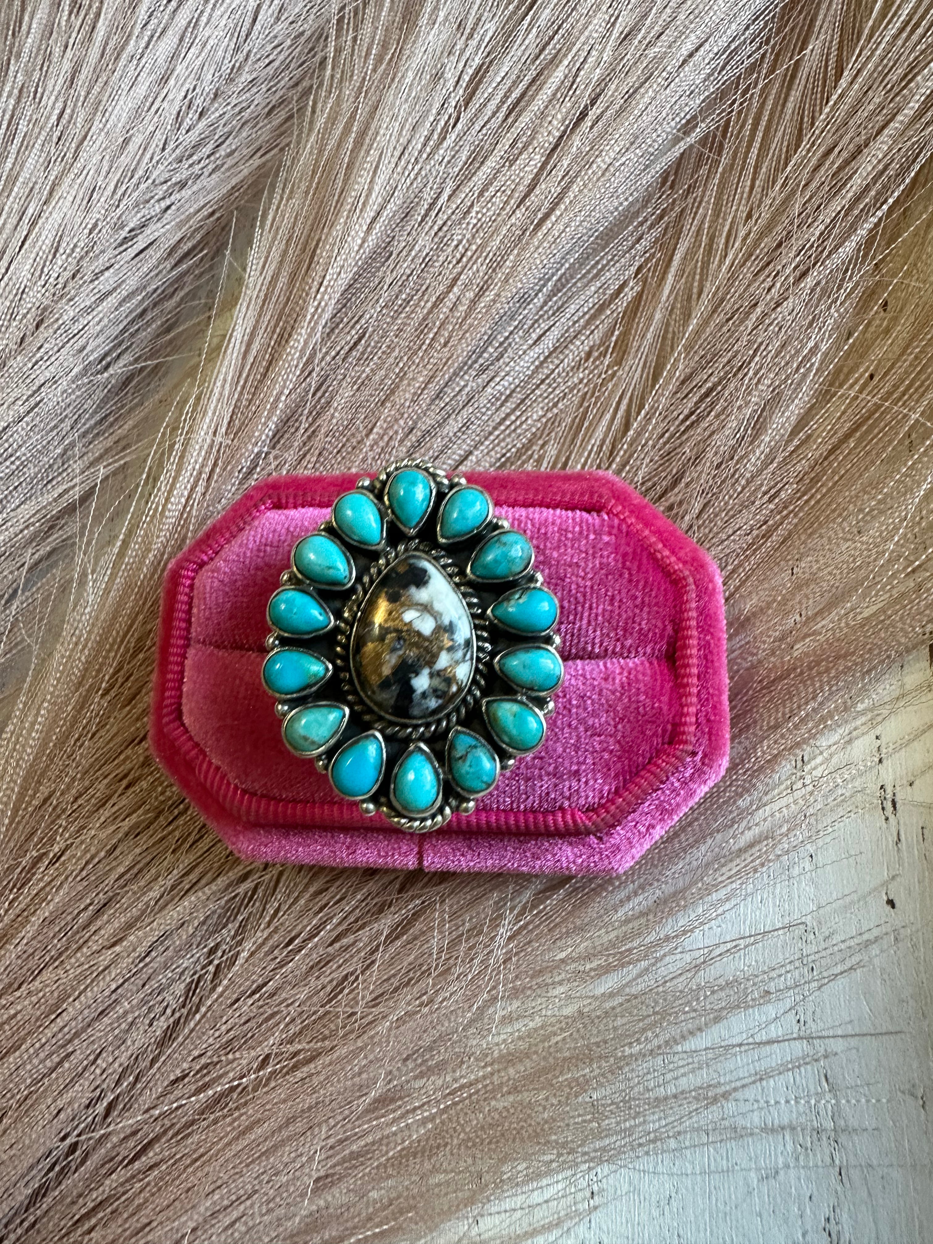 Handmade White Buffalo Mojave, Turquoise & Sterling Silver Adjustable Ring Signed Nizhoni