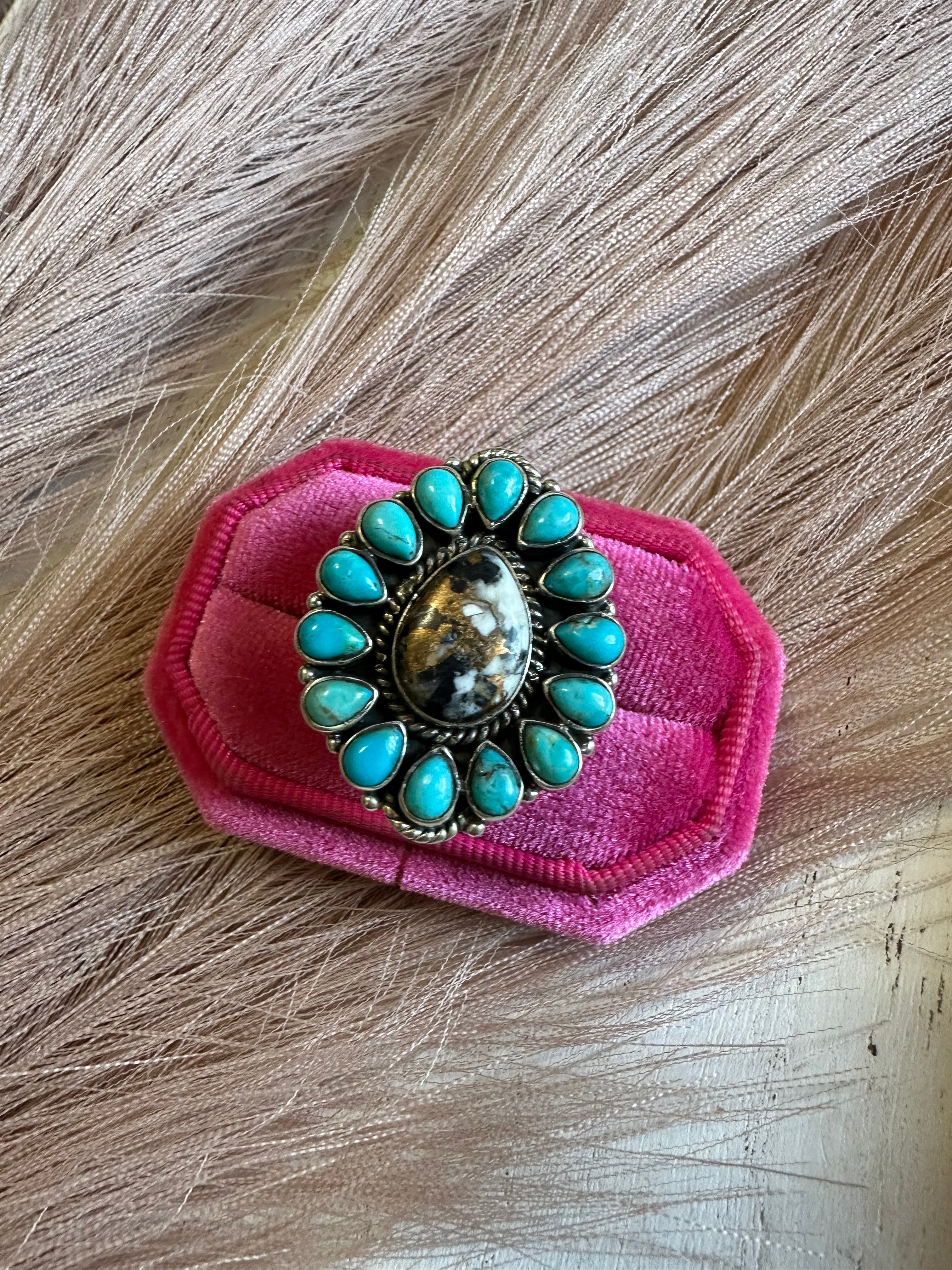 Handmade White Buffalo Mojave, Turquoise & Sterling Silver Adjustable Ring Signed Nizhoni