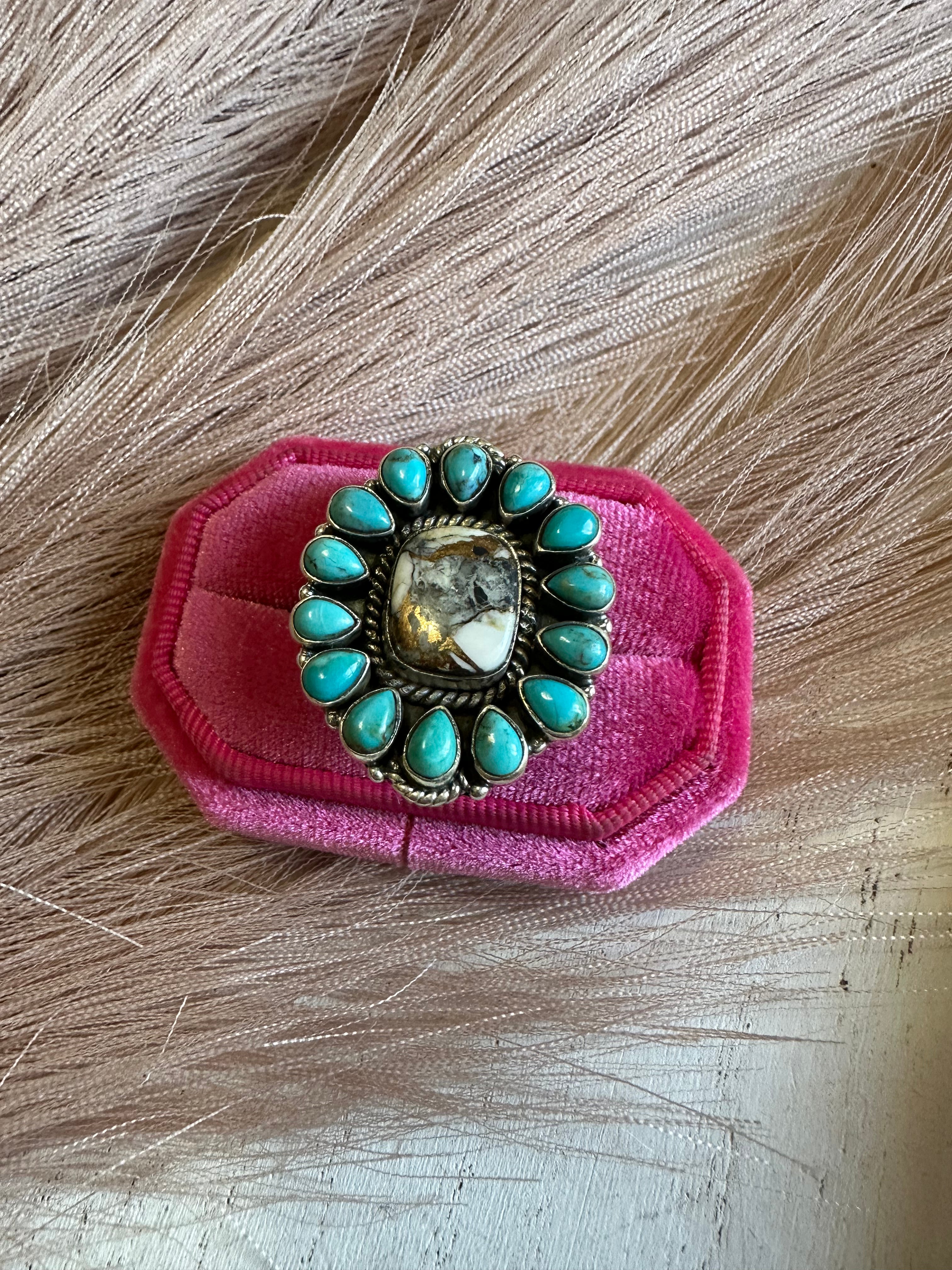 Handmade White Buffalo Mojave, Turquoise & Sterling Silver Adjustable Circle Ring Signed Nizhoni