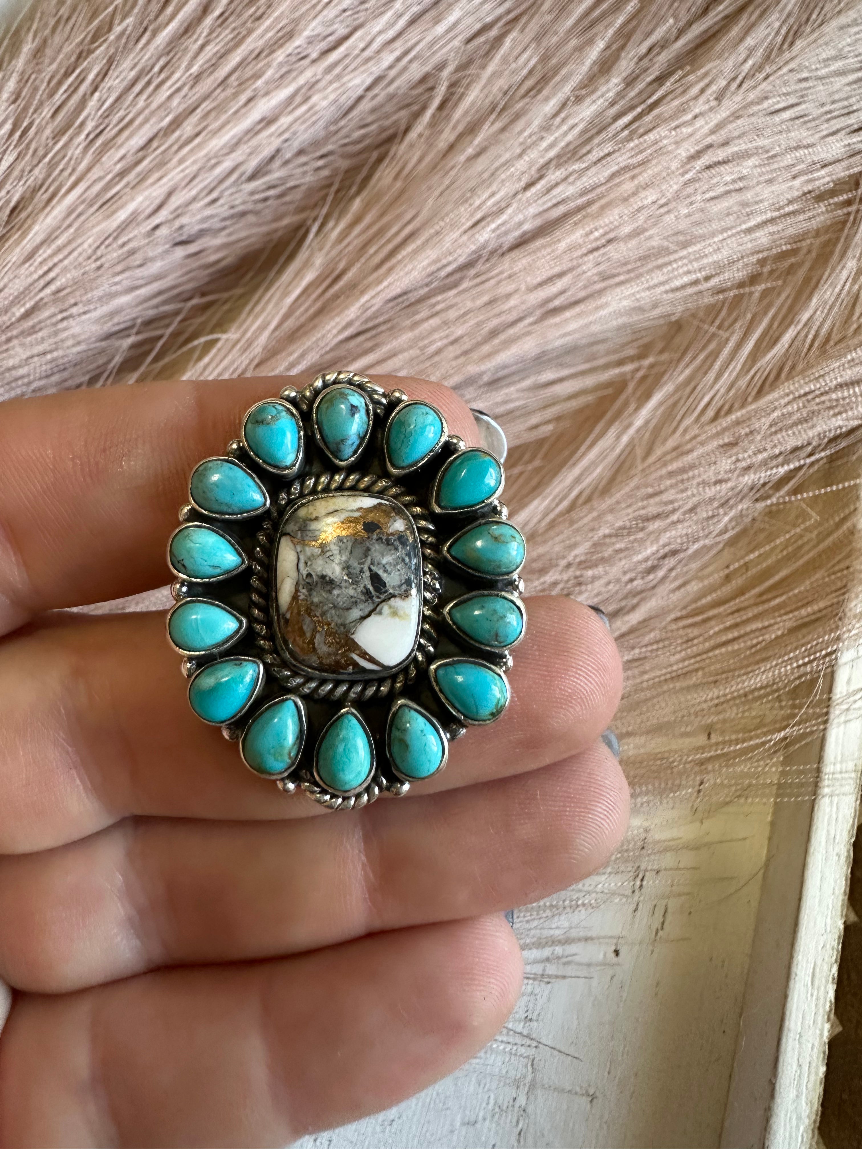 Handmade White Buffalo Mojave, Turquoise & Sterling Silver Adjustable Circle Ring Signed Nizhoni