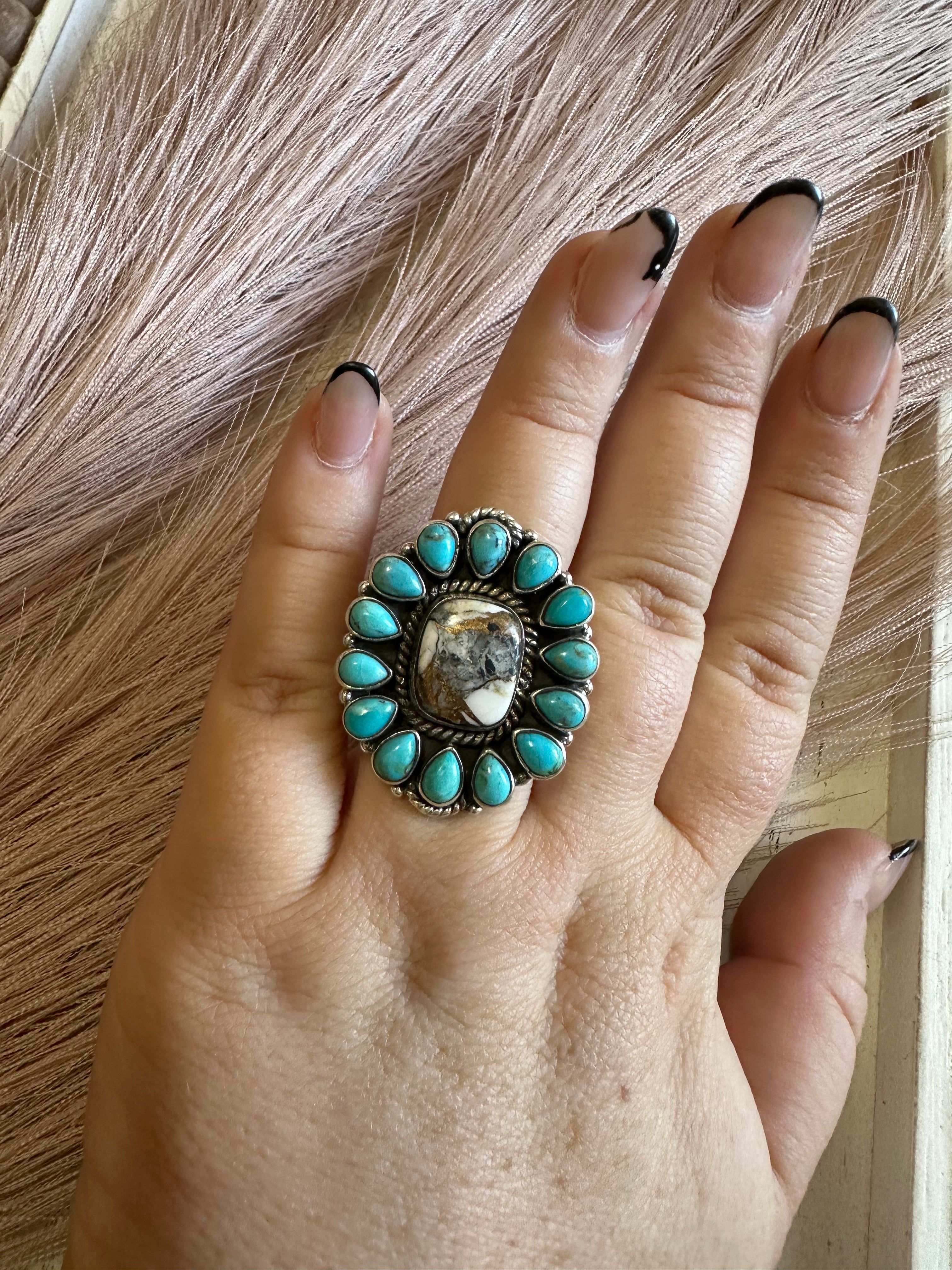 Handmade White Buffalo Mojave, Turquoise & Sterling Silver Adjustable Circle Ring Signed Nizhoni