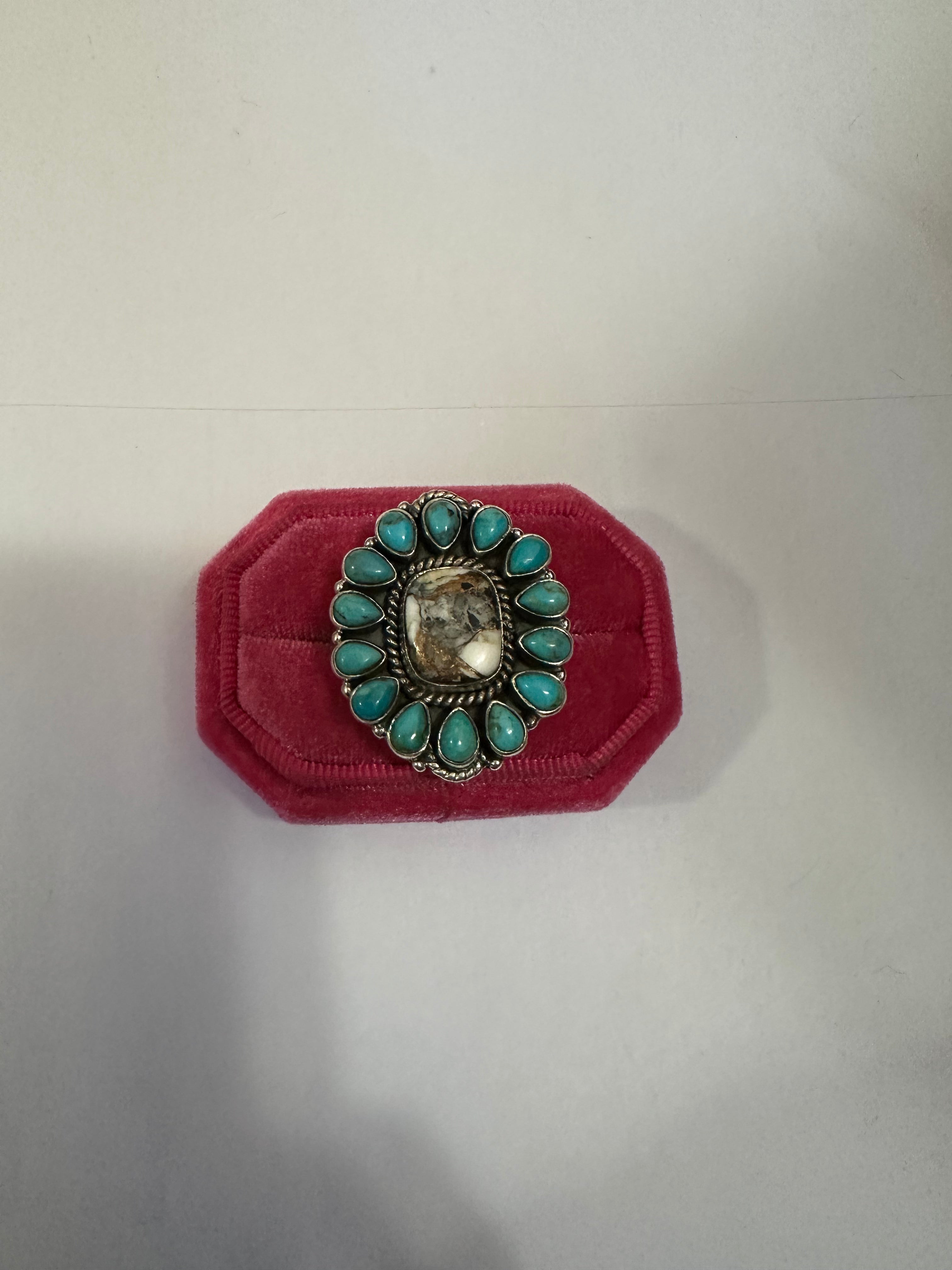 Handmade White Buffalo Mojave, Turquoise & Sterling Silver Adjustable Circle Ring Signed Nizhoni