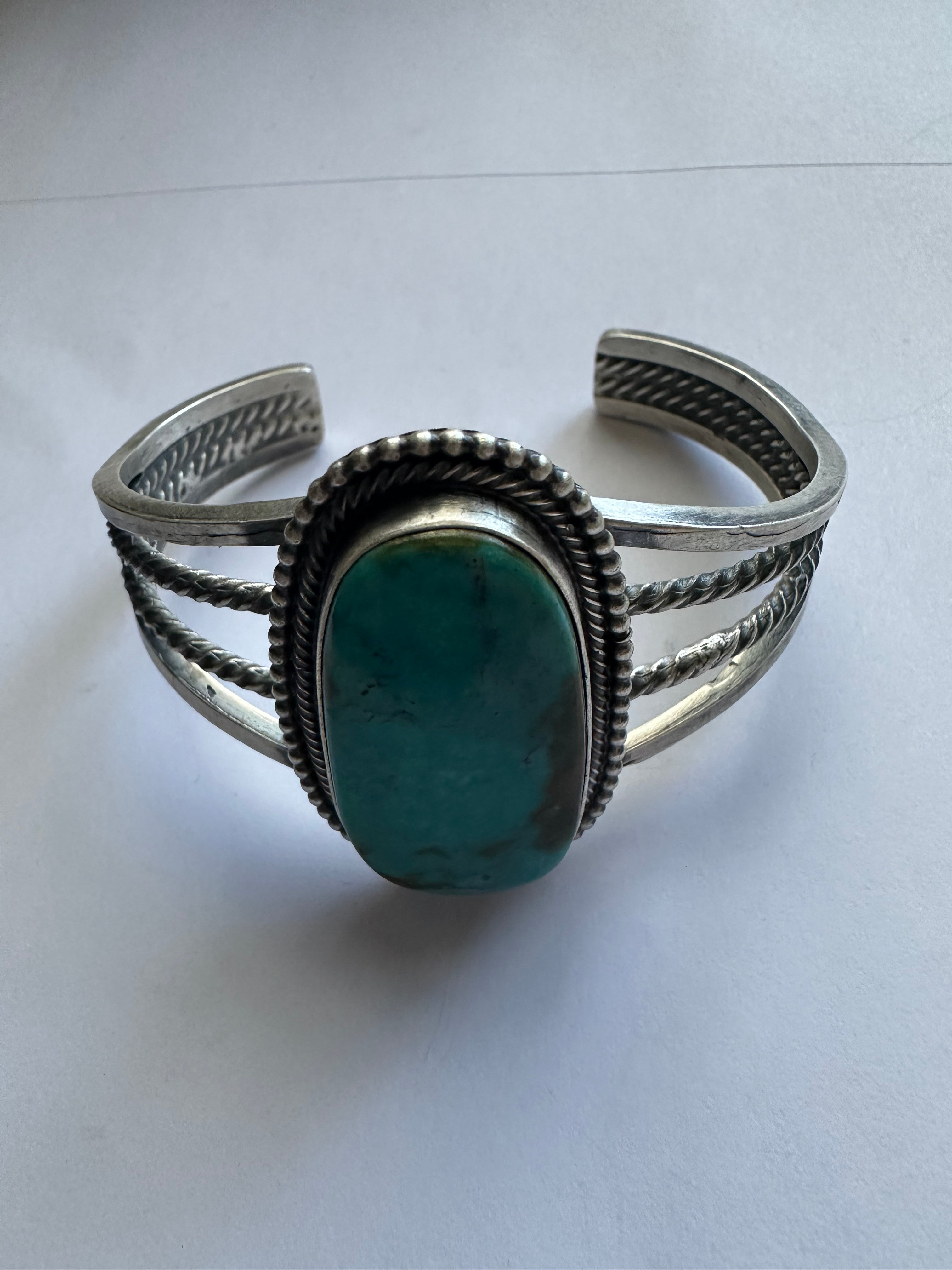 Navajo Old Pawn Turquoise & Sterling Silver Cuff Bracelet Signed Darrin Ingston