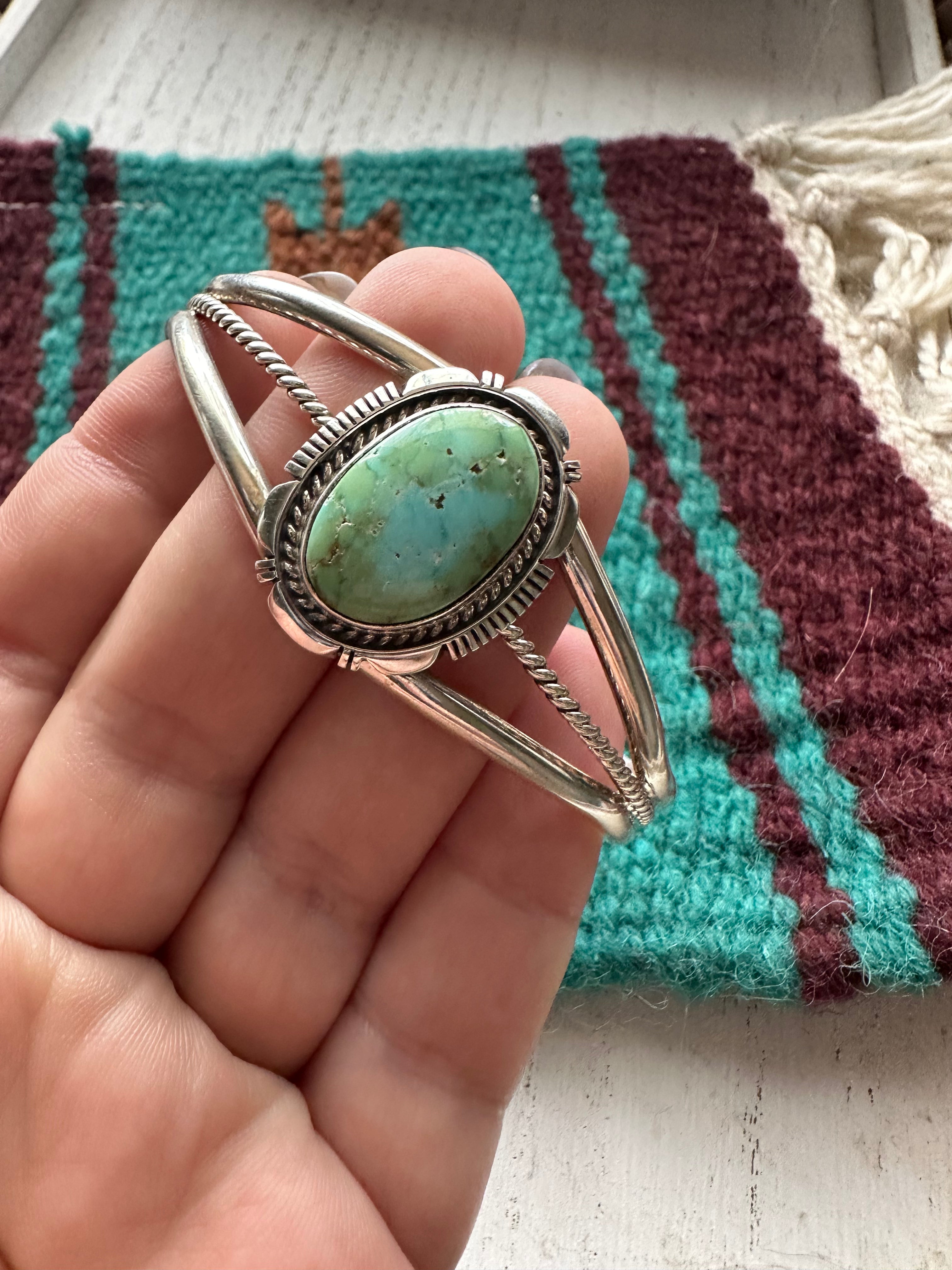 Navajo Carico Lake Turquoise And Sterling Silver Single Stone Adjustable Cuff Bracelet Signed