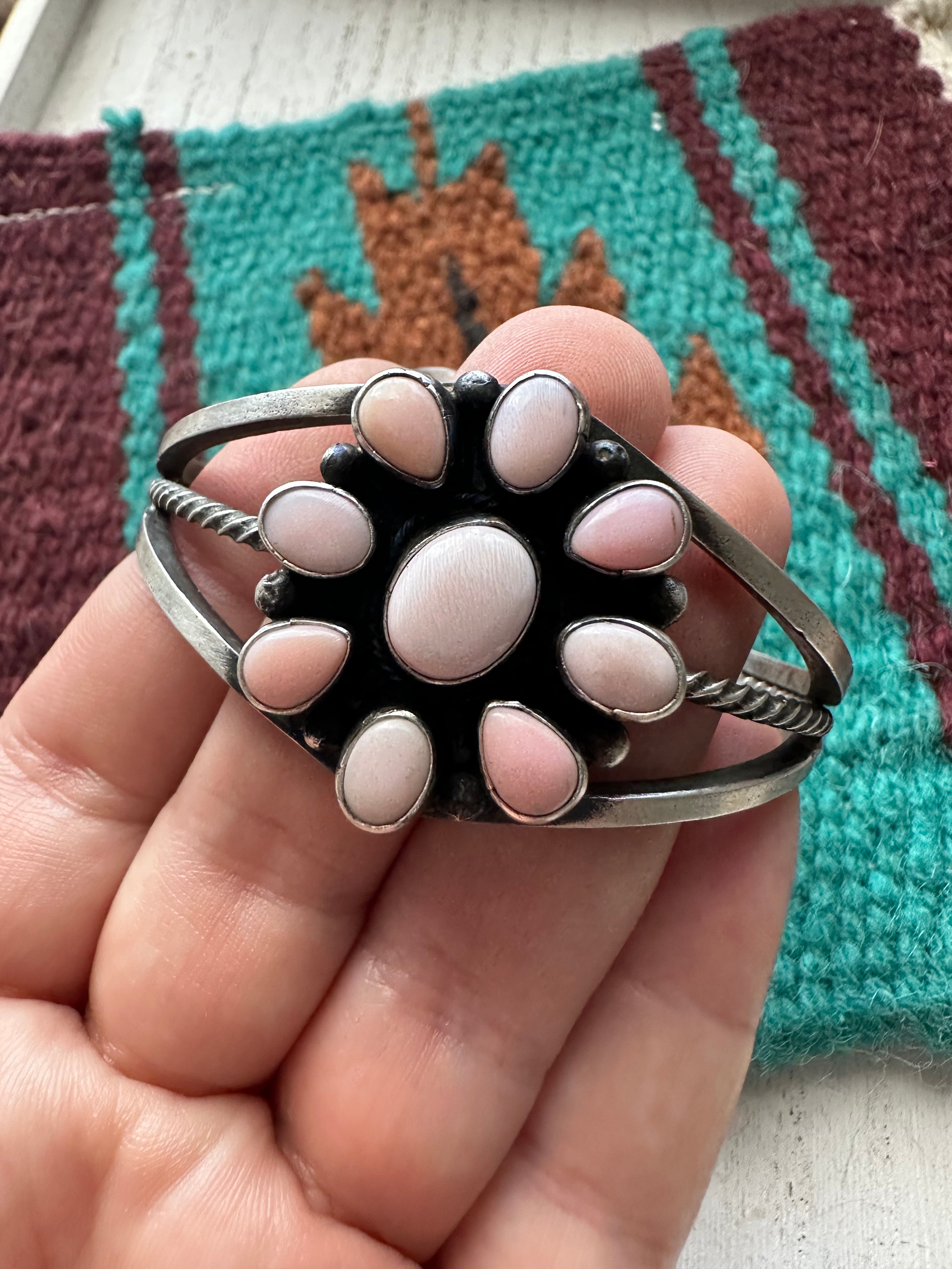 Navajo Pink Conch & Sterling Silver Flower Cuff Bracelet Signed