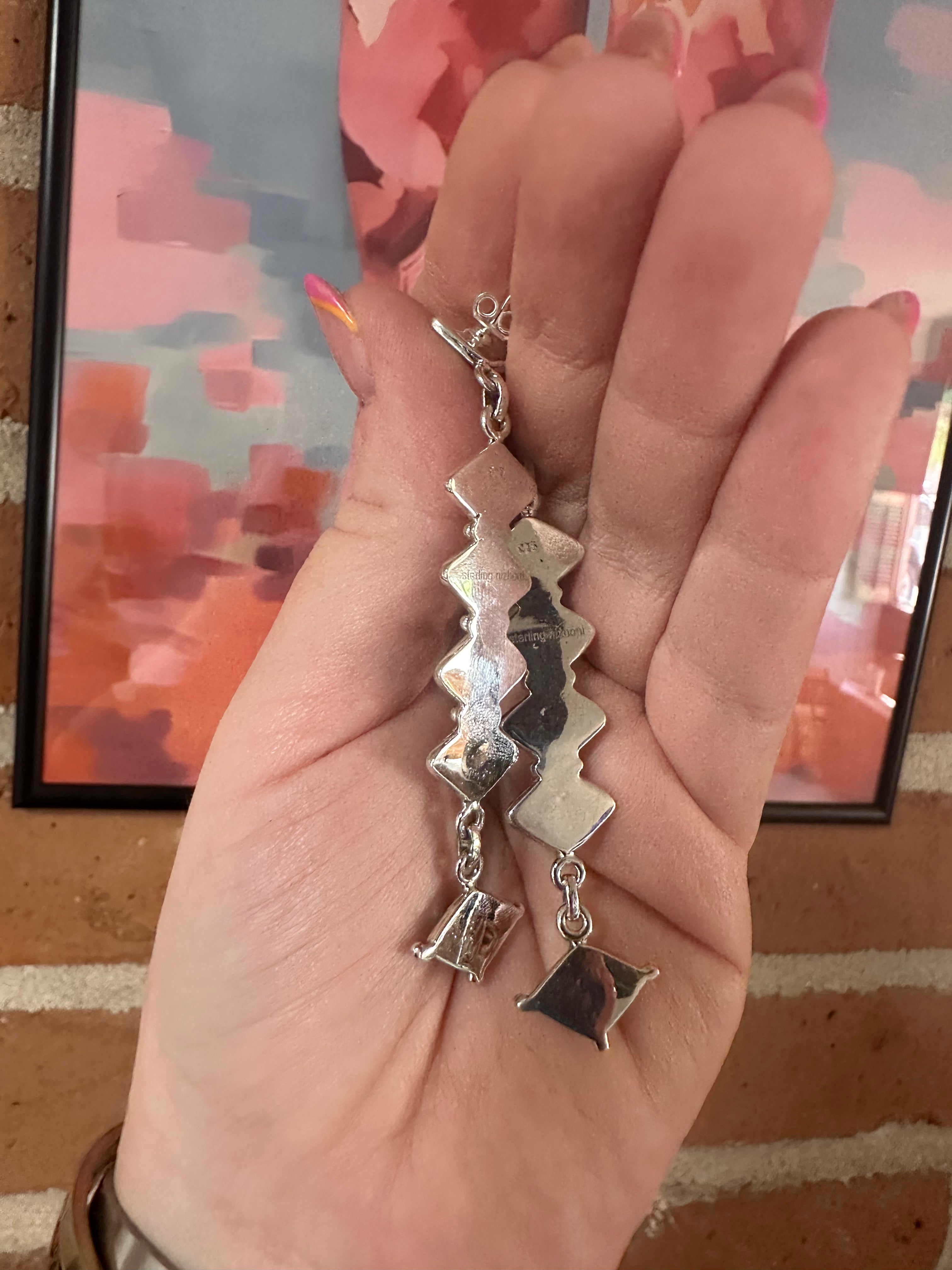 Handmade Mother of Pearl & Sterling Silver Dangle Earrings Signed Nizhoni