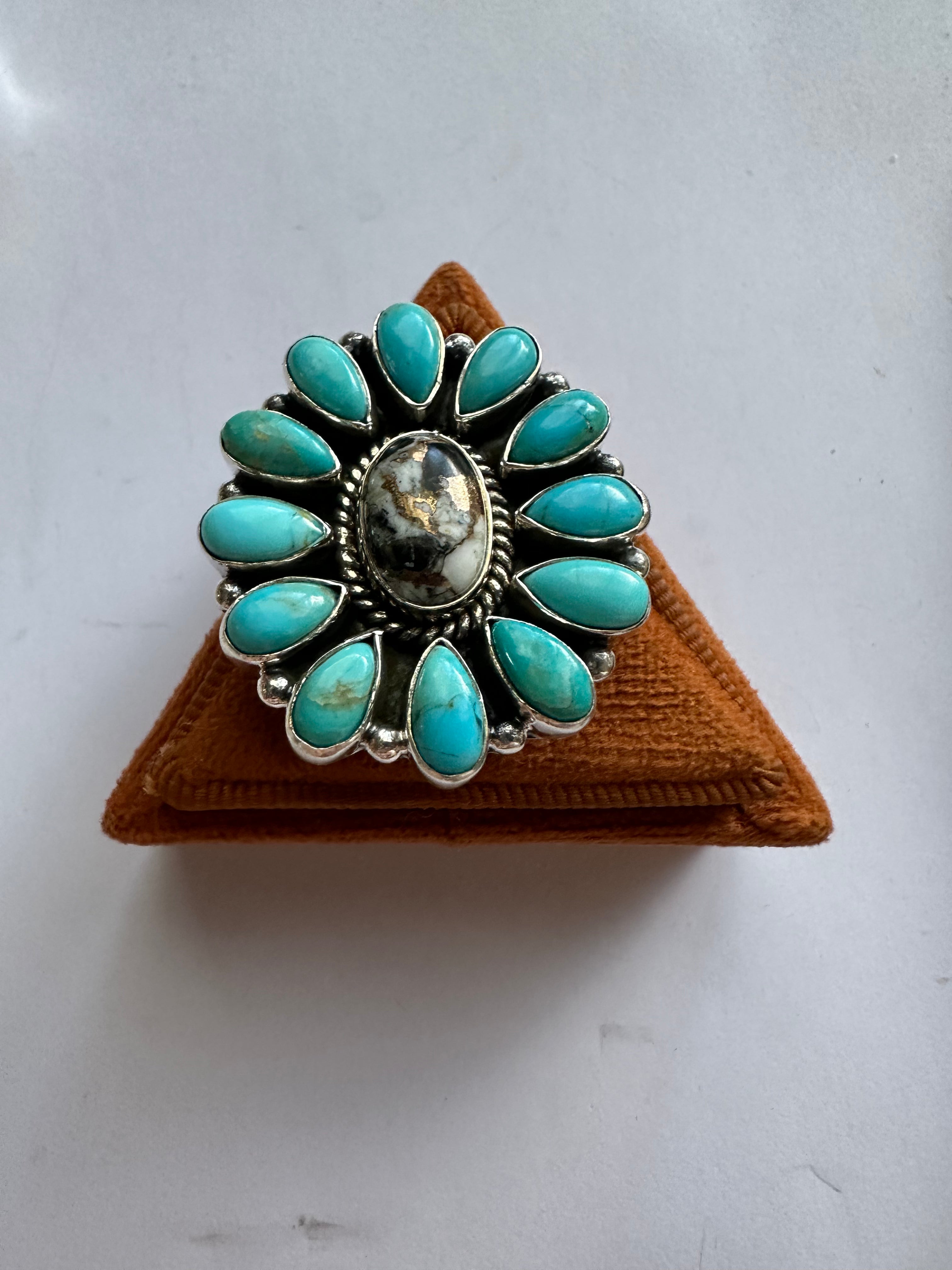 Beautiful Sterling Silver, Turquoise & White Buffalo Mojave Adjustable Ring