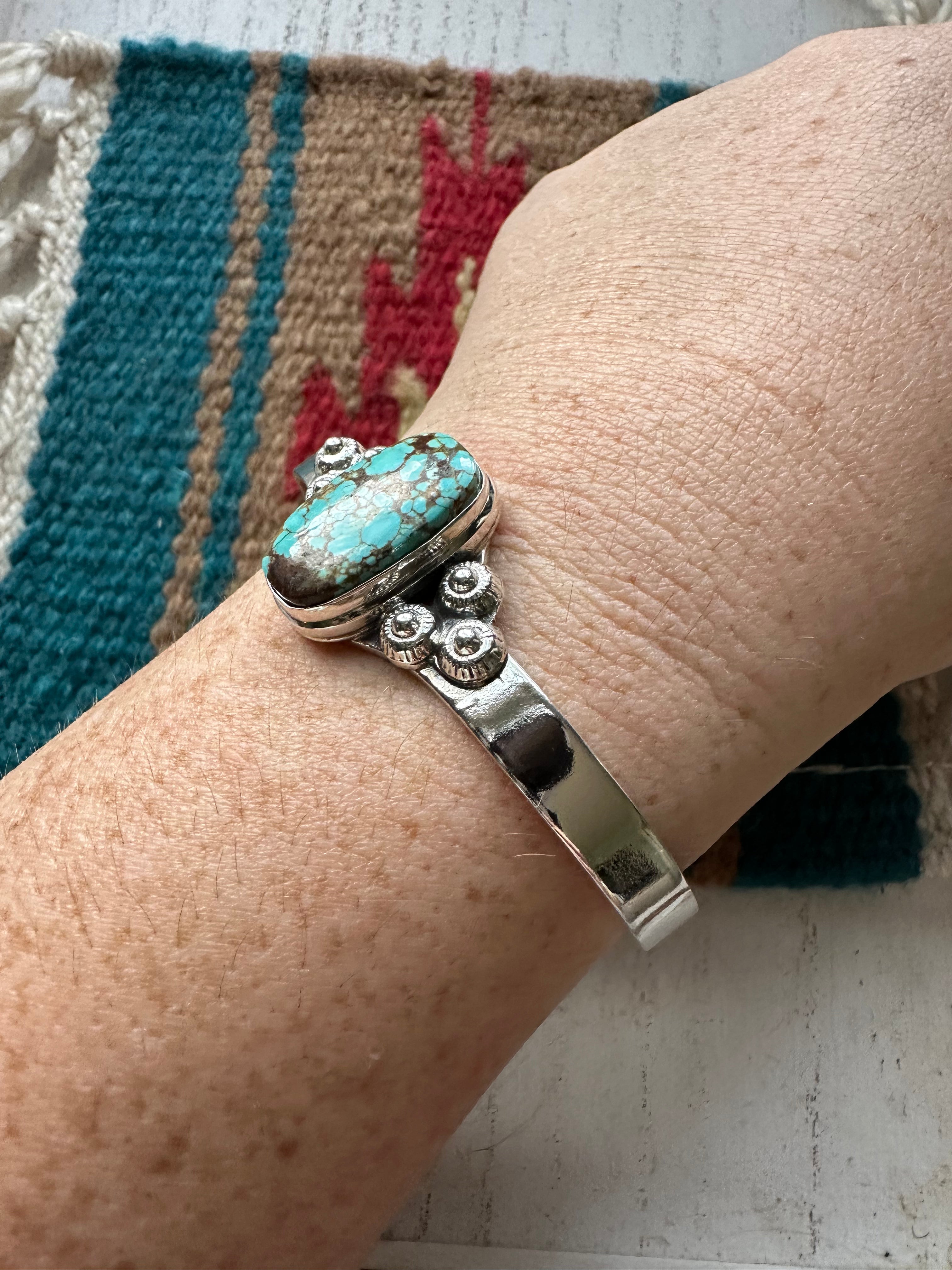 Handmade Sterling Silver & Single Stone Number 8 Turquoise Adjustable Cuff Bracelet