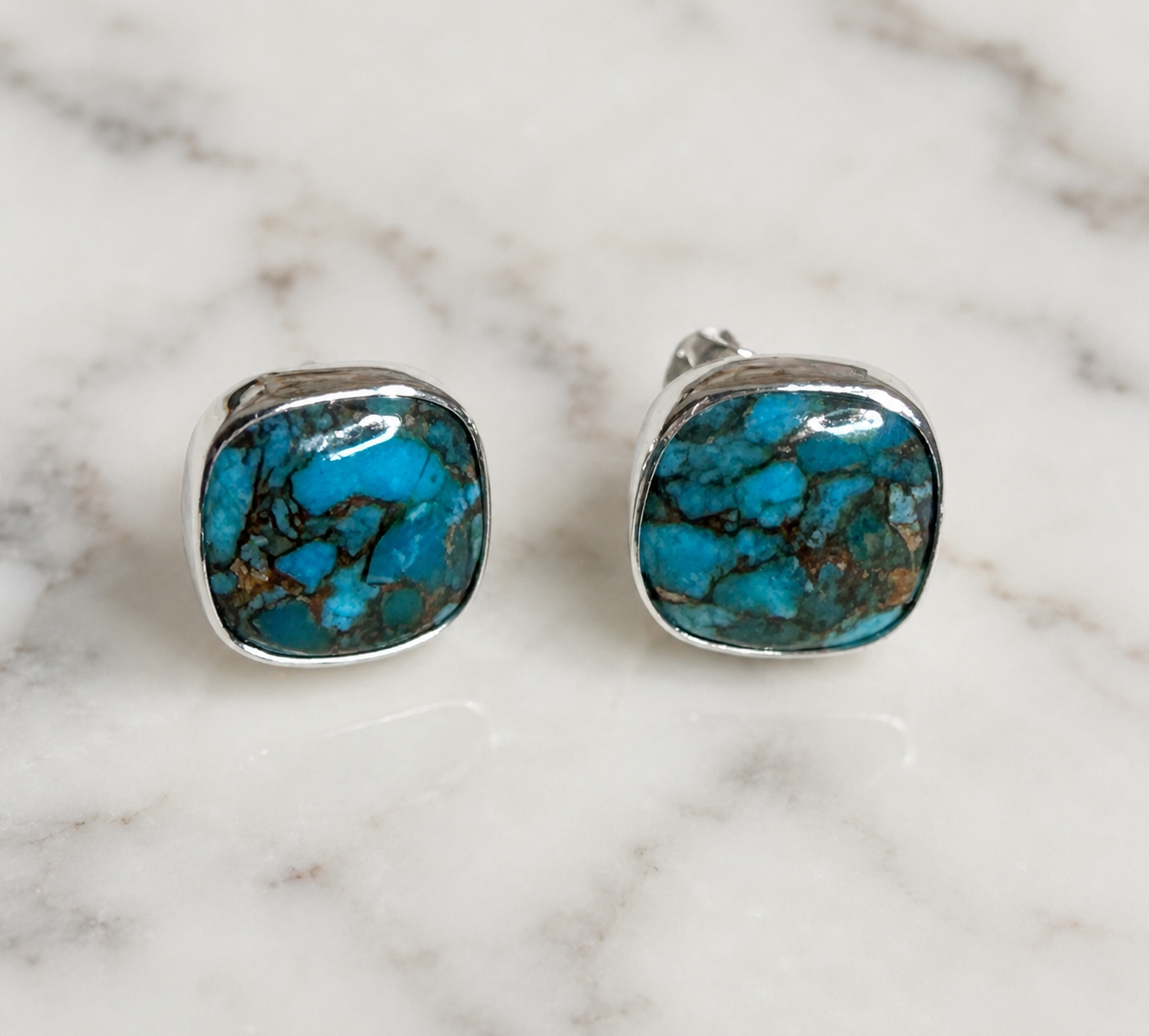 Turquoise Spotted Copper Square Sterling Silver Stud Earrings