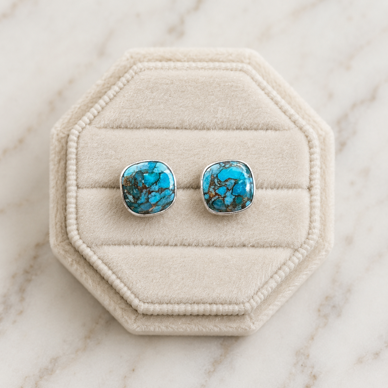 Turquoise Spotted Copper Square Sterling Silver Stud Earrings