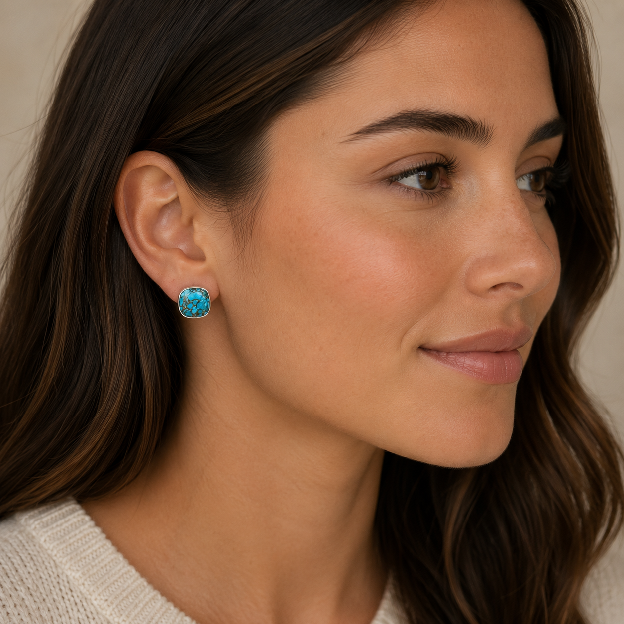 Turquoise Spotted Copper Square Sterling Silver Stud Earrings