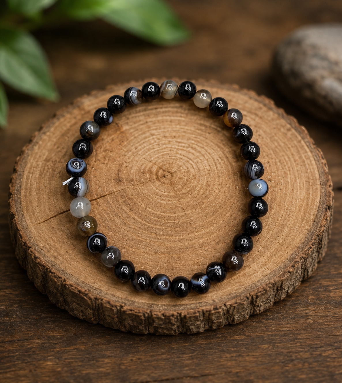 Black Banded Agate 4mm Beaded Stretch Bracelet