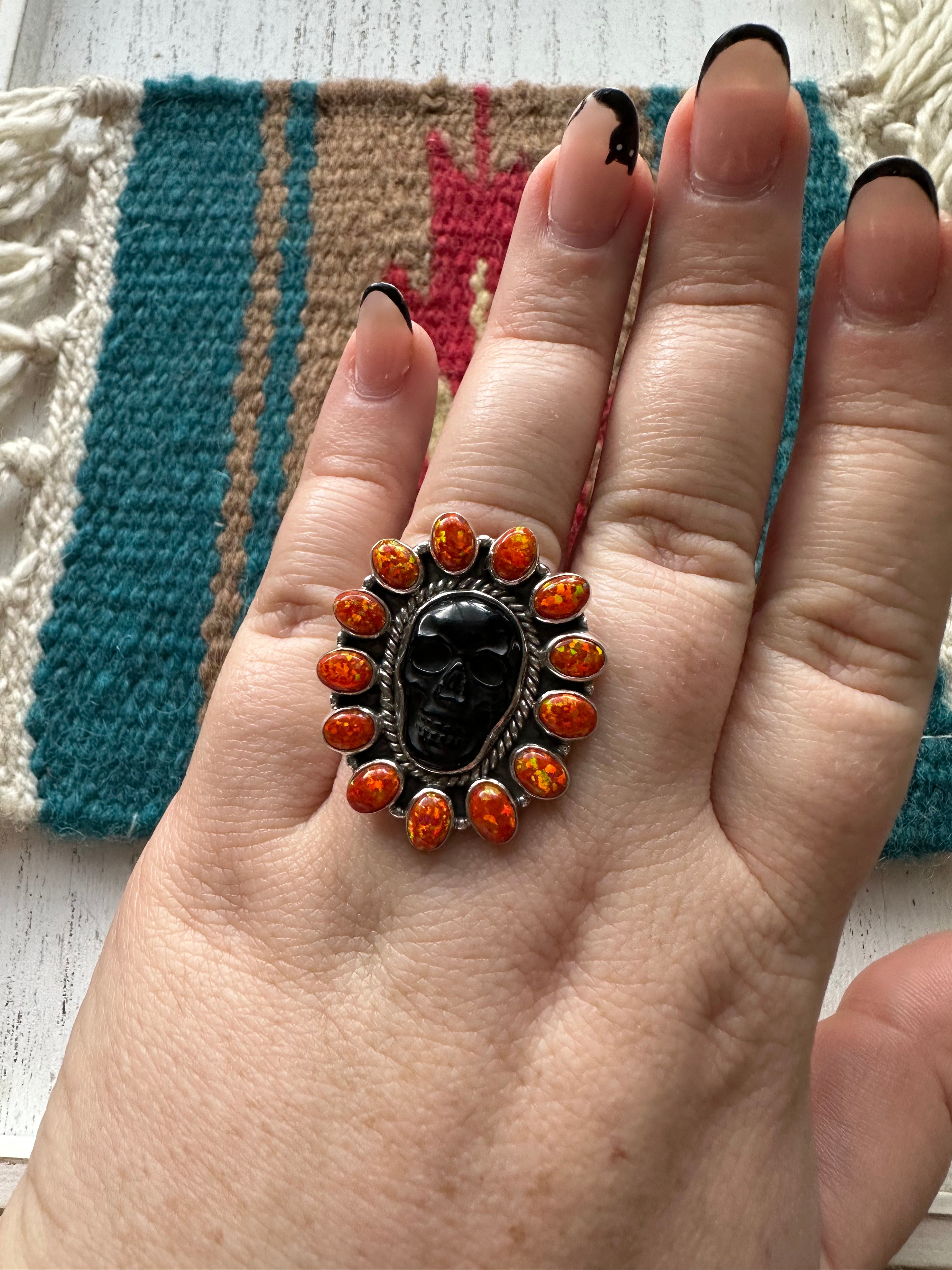 HALLOWEEN COLLECTION Nizhoni Black Onyx, Orange Fire Opal & Sterling Silver Adjustable Skull Ring