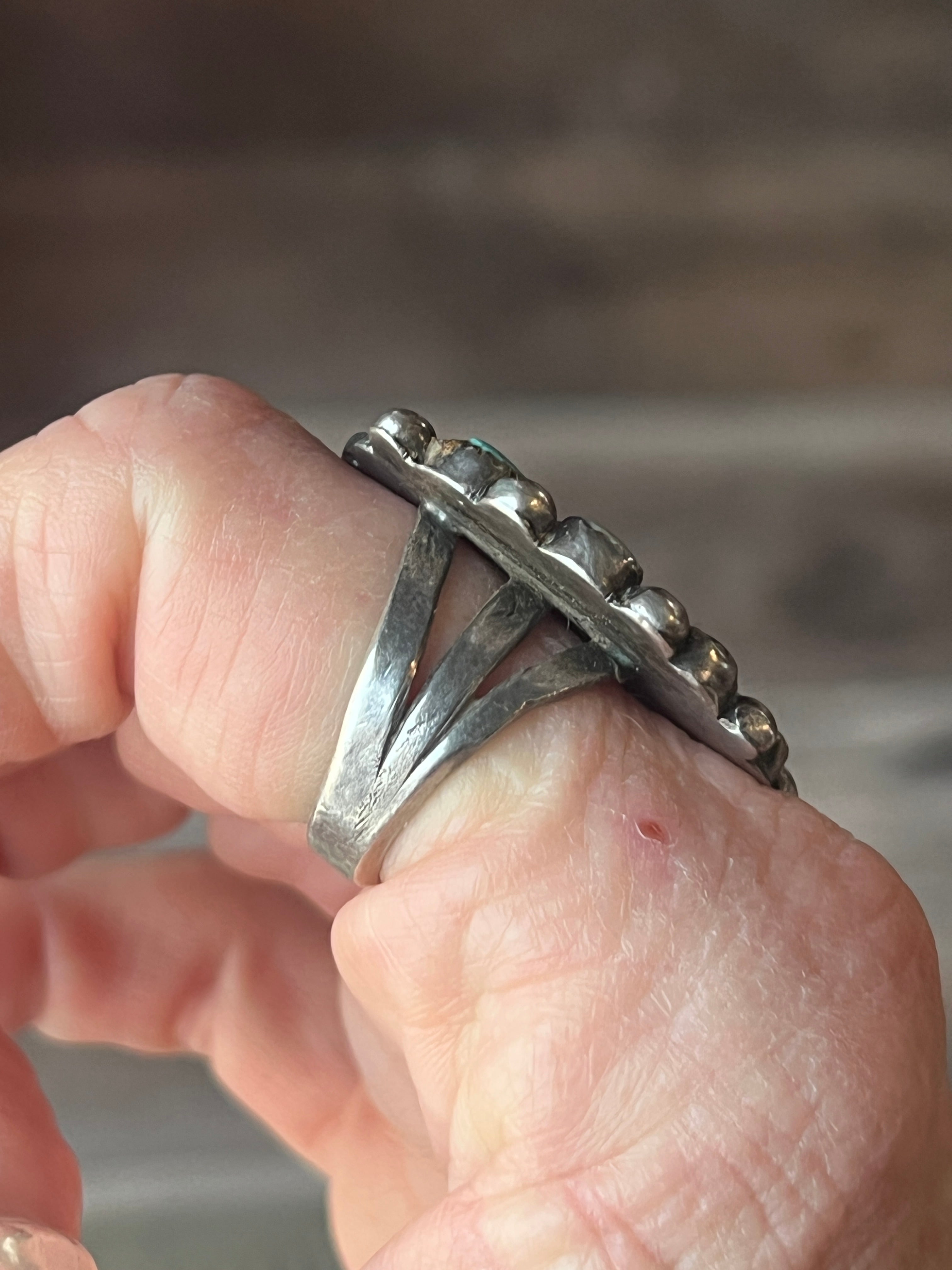 Old Pawn Unsigned Sterling Silver and Turquoise Cluster Ring, Size 8.5