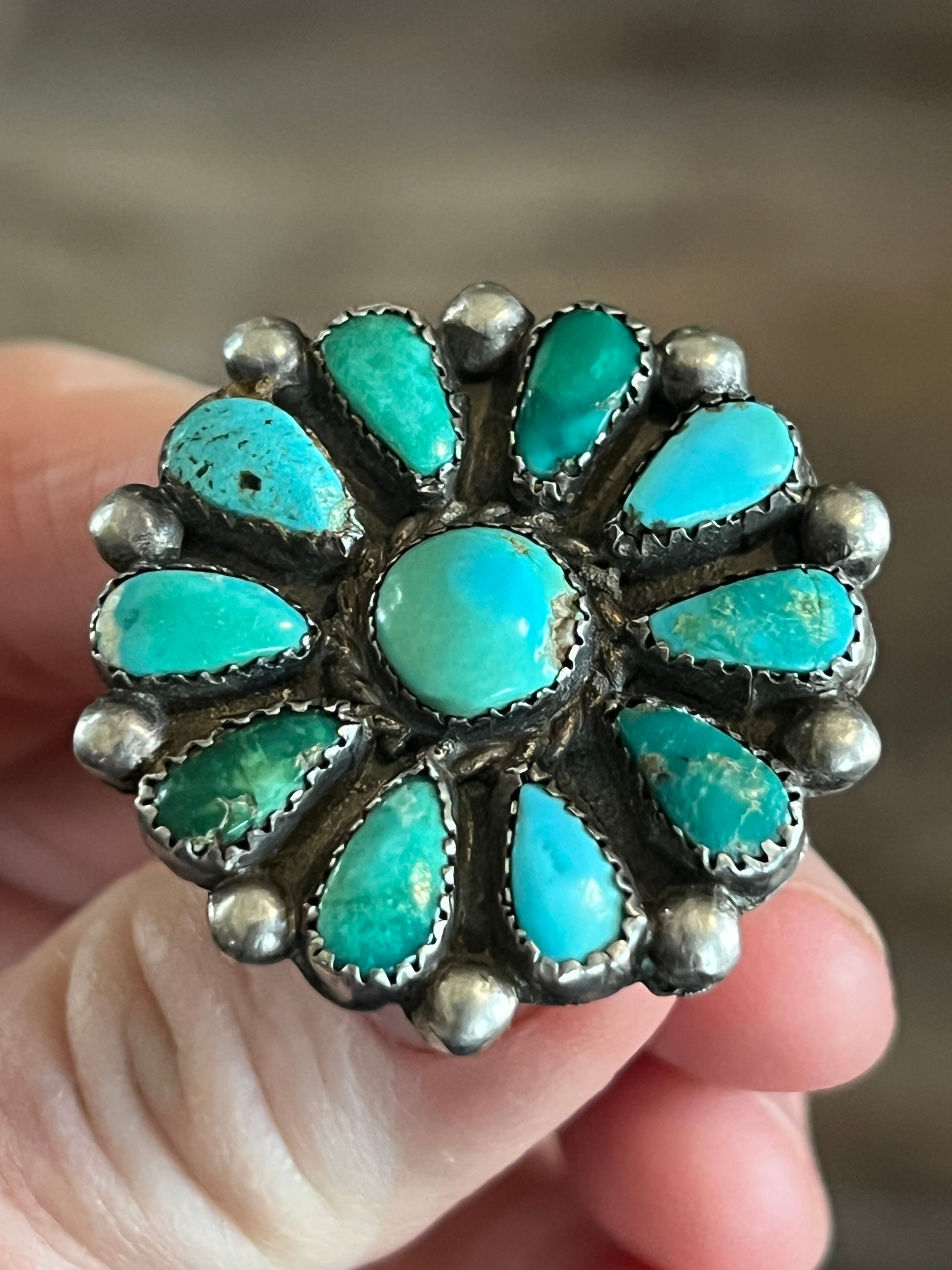 Old Pawn Unsigned Sterling Silver and Turquoise Cluster Ring, Size 8.5