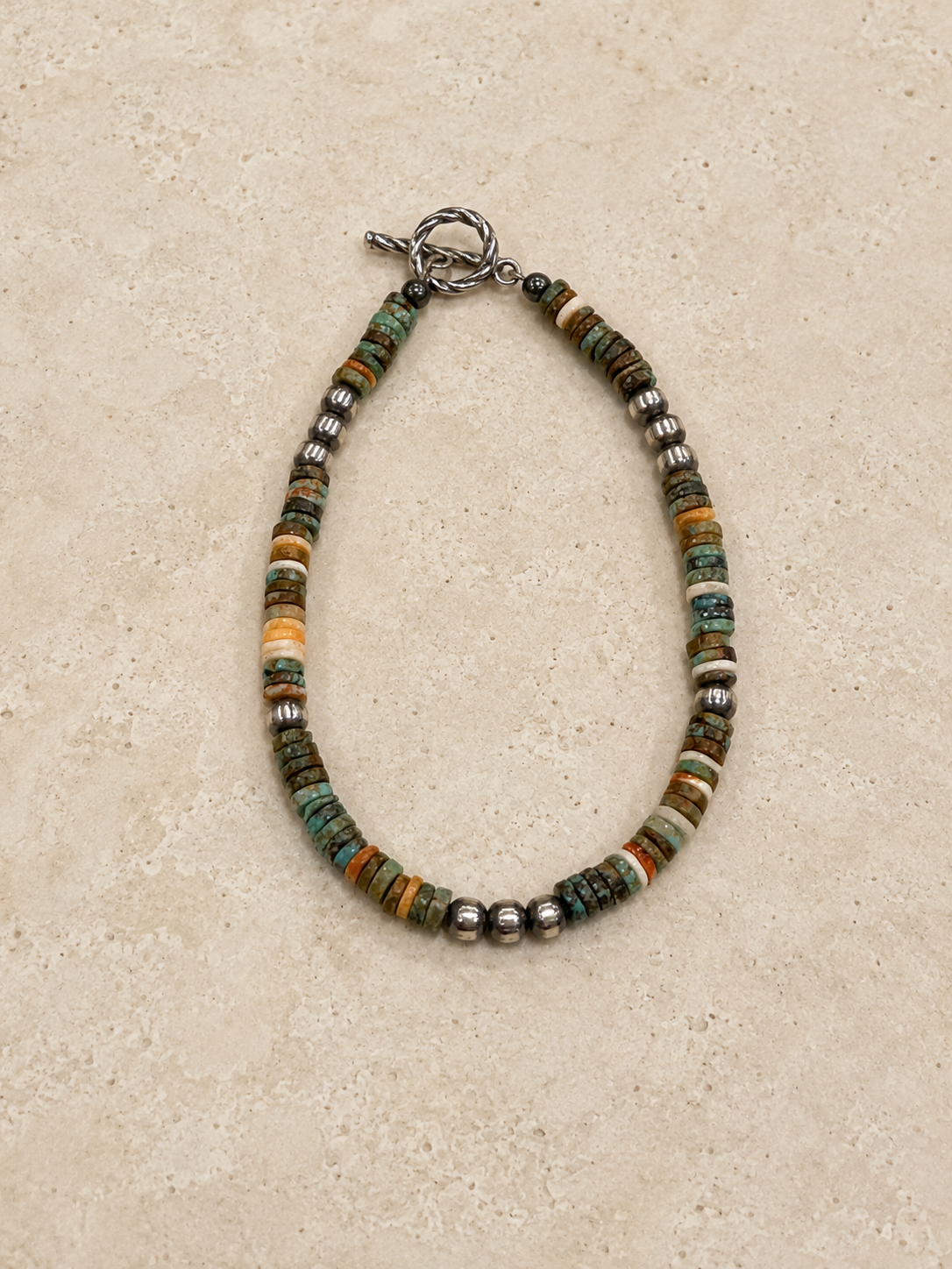 Handcrafted Turquoise, Spiny Oyster & Sterling Silver Pearl Beaded Bracelet
