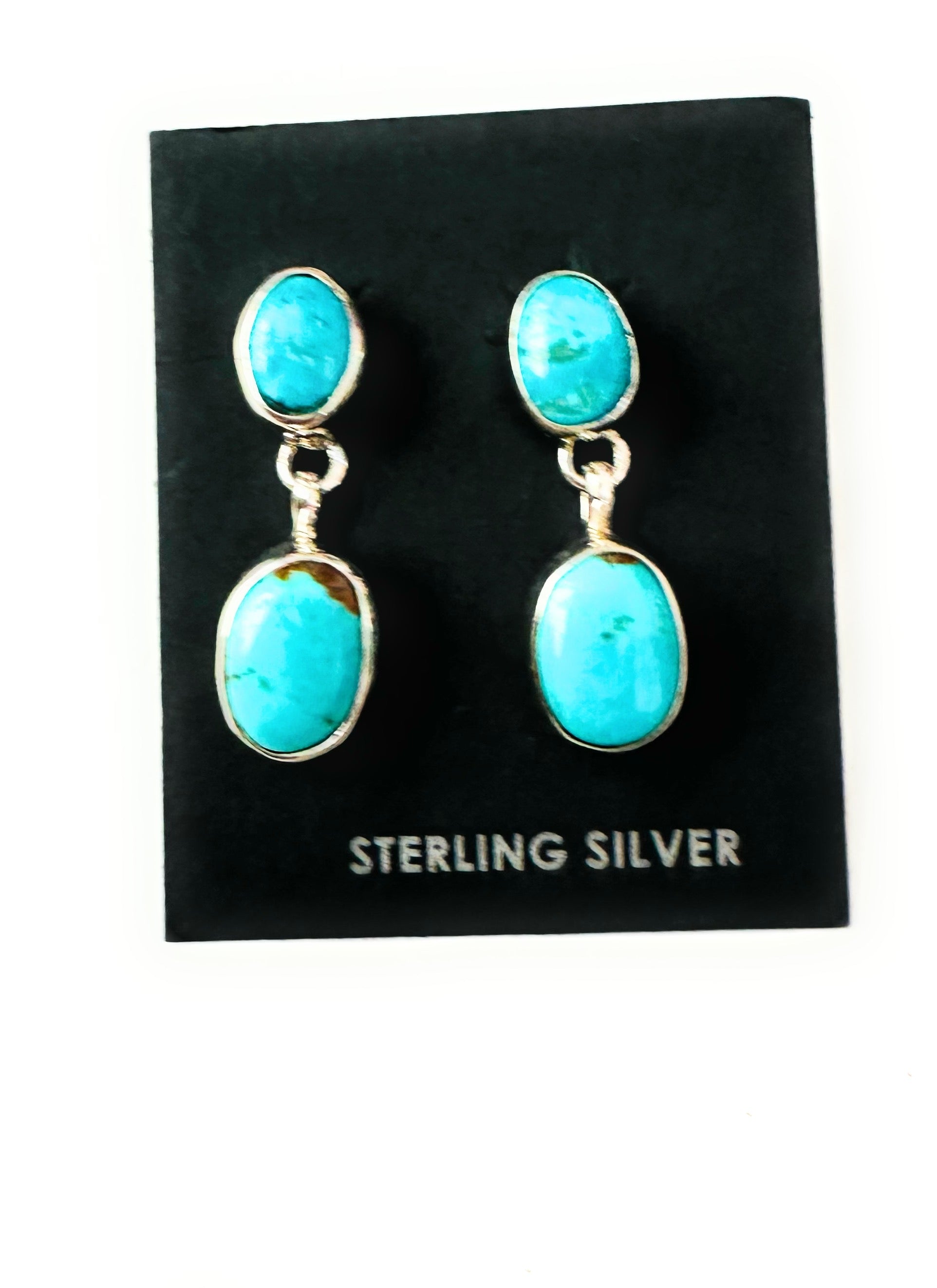 Navajo Turquoise and Sterling Silver Two Stone  Dangle Earrings