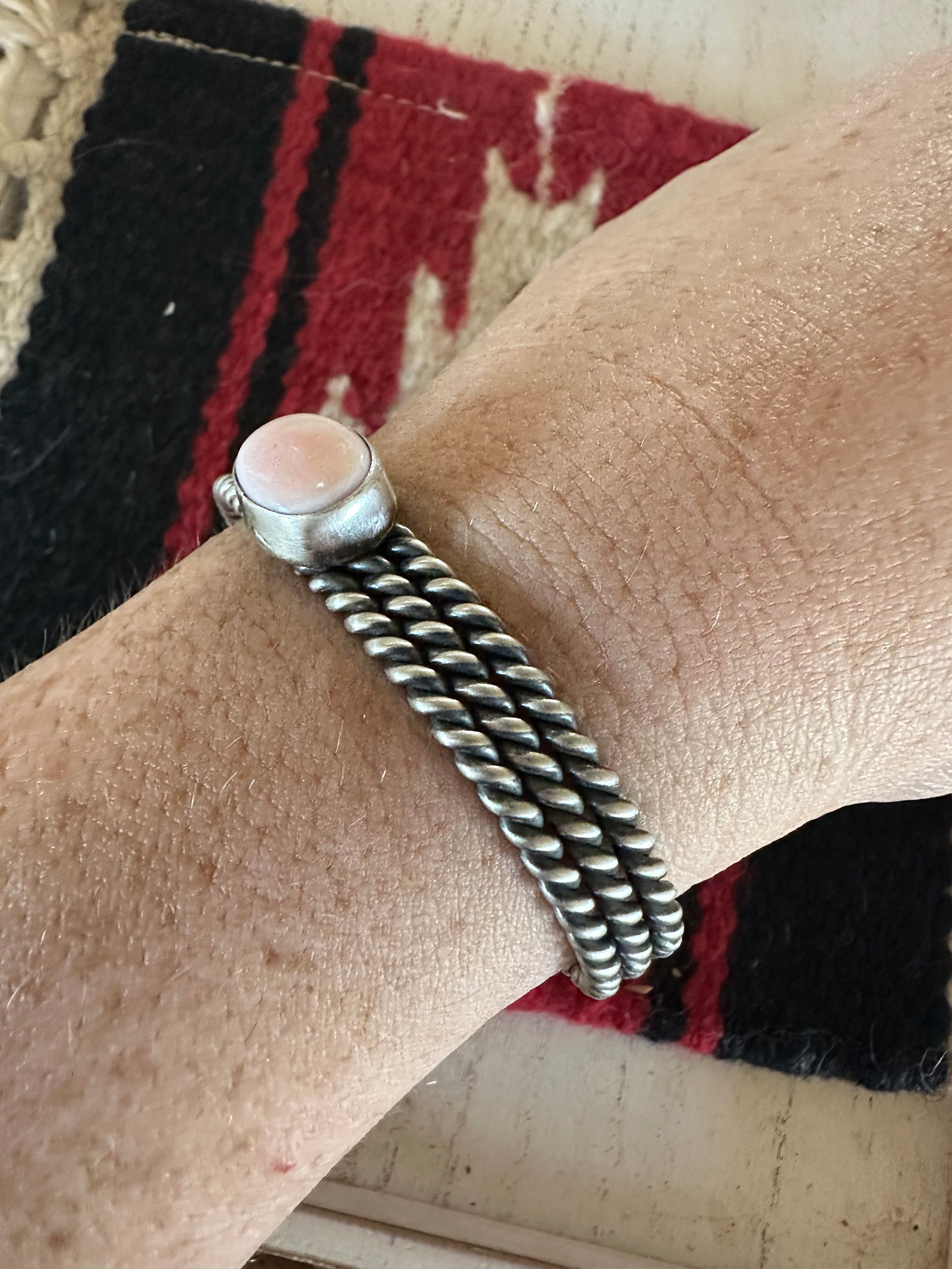 Navajo Circle Pink Conch & Sterling Silver Adjustable Cuff Bracelet