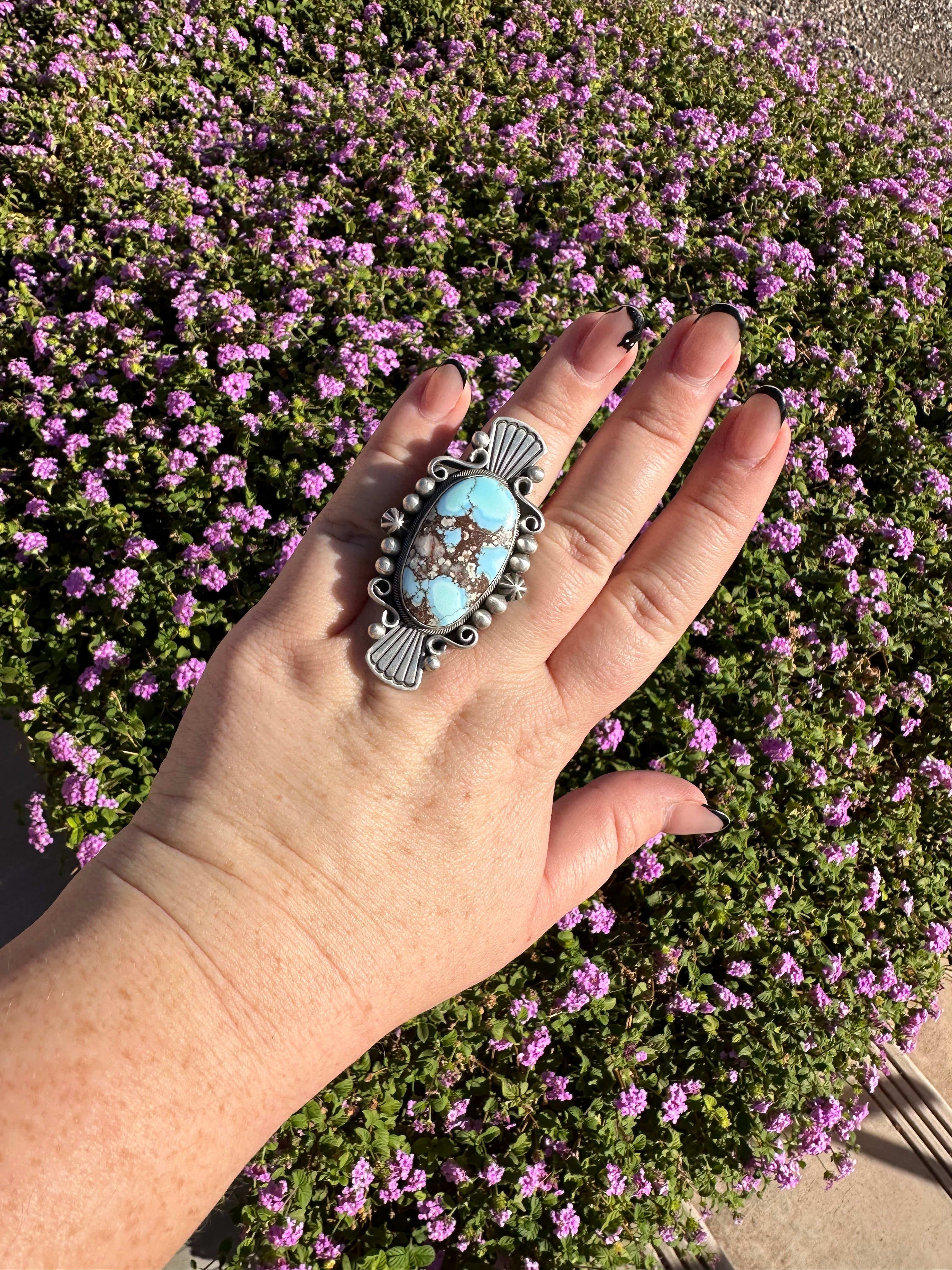 Navajo Golden Hills Turquoise & Sterling Silver Ring Size 9 Signed D. Benally