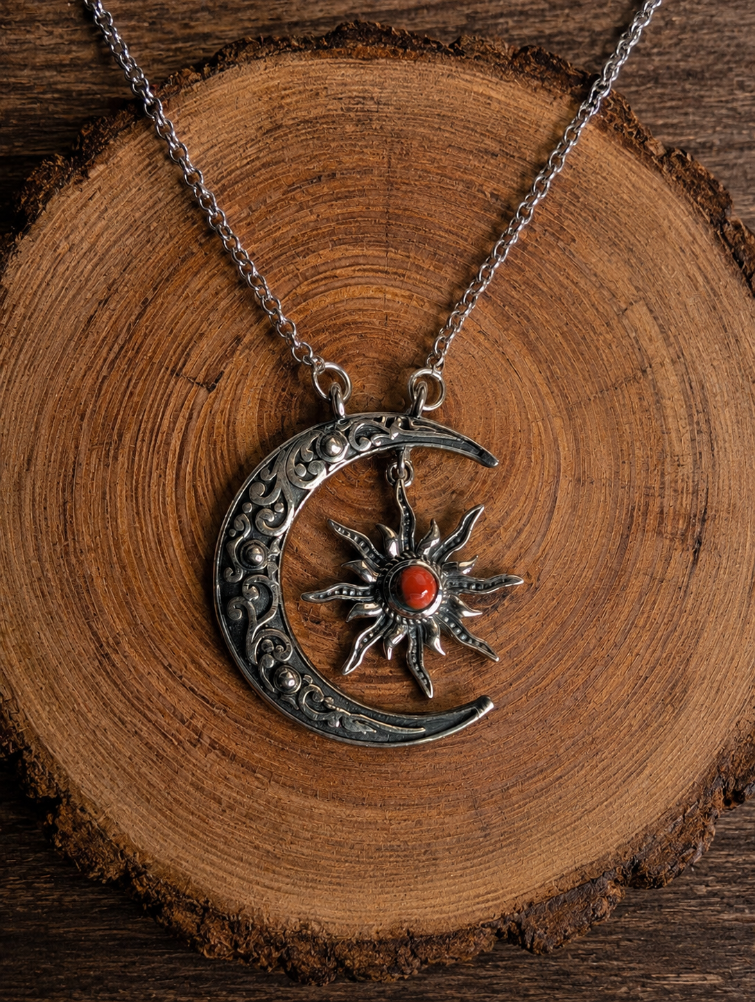 Pink Dahlia Crescent Sterling Silver Moon and Star Necklace