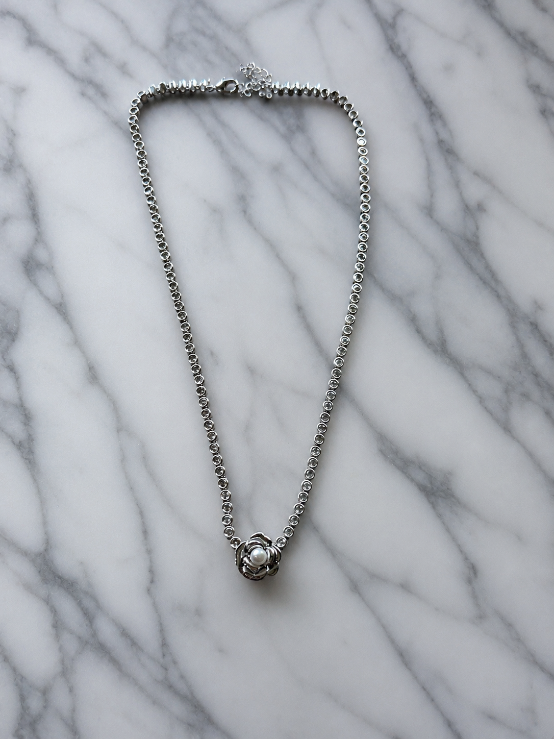 Rosa Pearl Flower CZ Tennis Necklace
