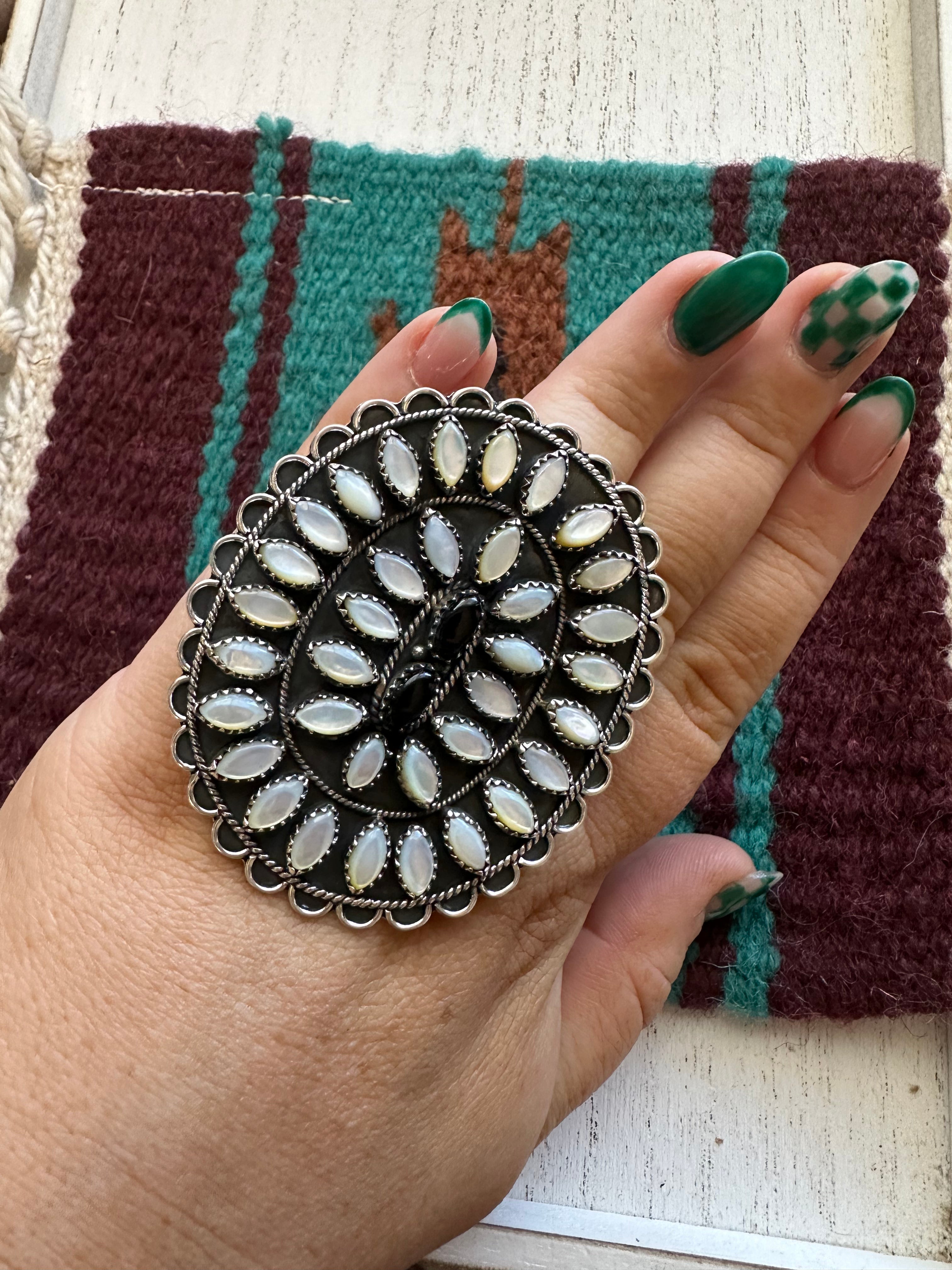 “Desert Roads” Mother of Pearl, Black Onyx & Sterling Silver Adjustable Ring