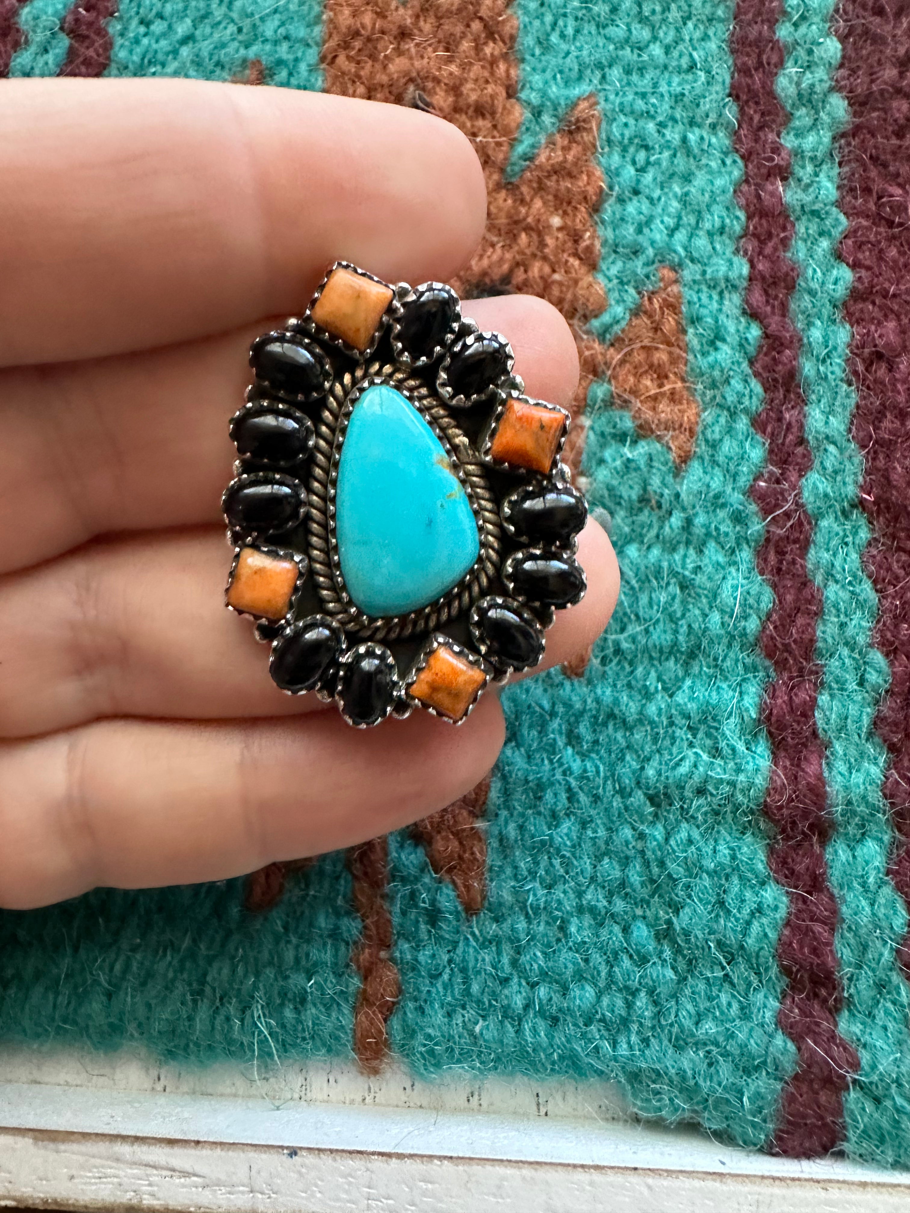 Handmade Nizhoni Turquoise, Onyx, Orange Mojave & Sterling Silver Adjustable Ring