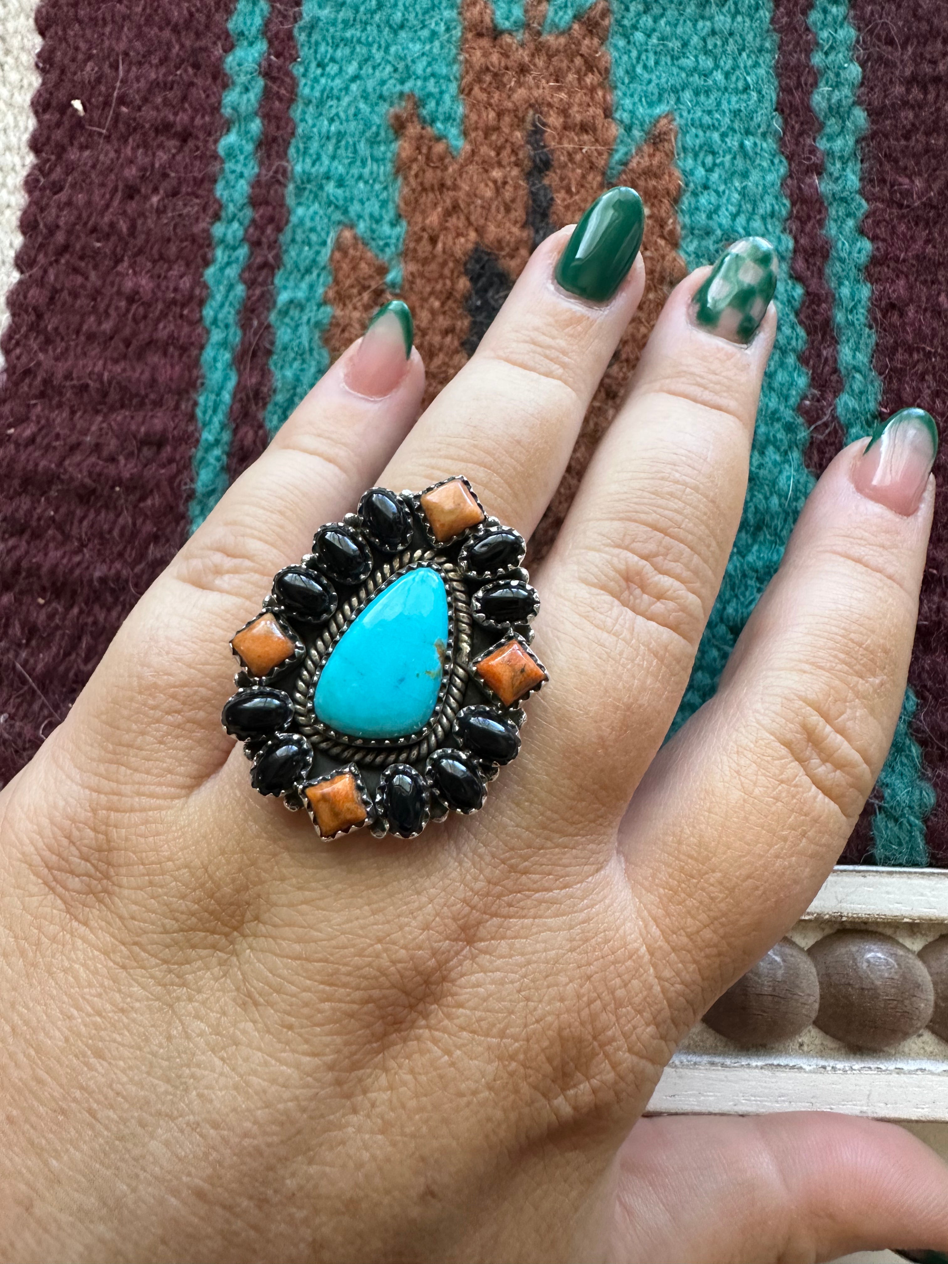 Handmade Nizhoni Turquoise, Onyx, Orange Mojave & Sterling Silver Adjustable Ring