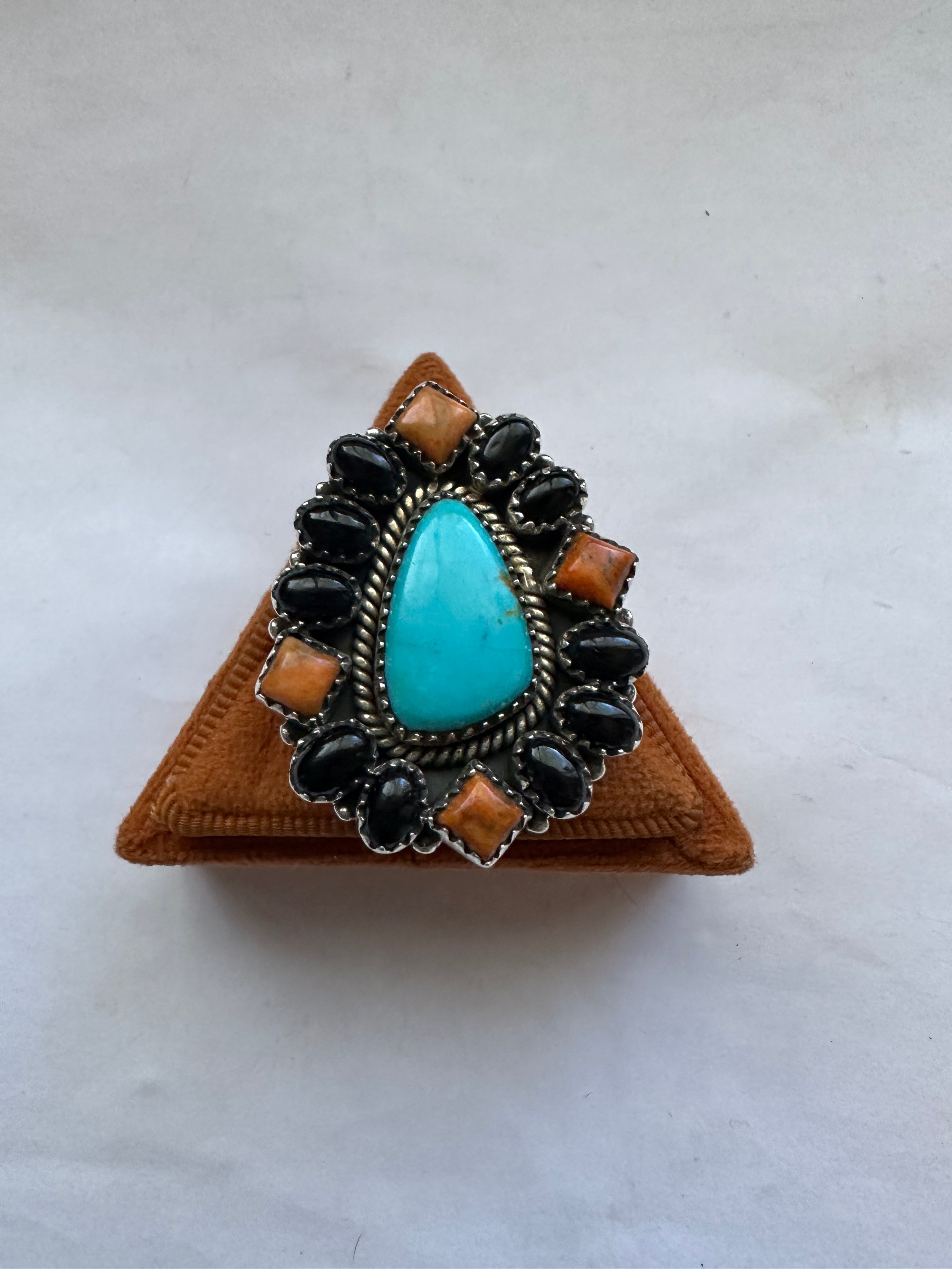 Handmade Nizhoni Turquoise, Onyx, Orange Mojave & Sterling Silver Adjustable Ring