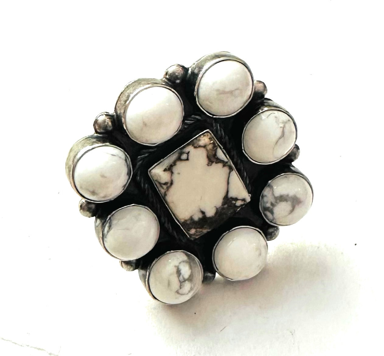 Navajo Sterling Silver & White Buffalo Cluster Ring Size 10