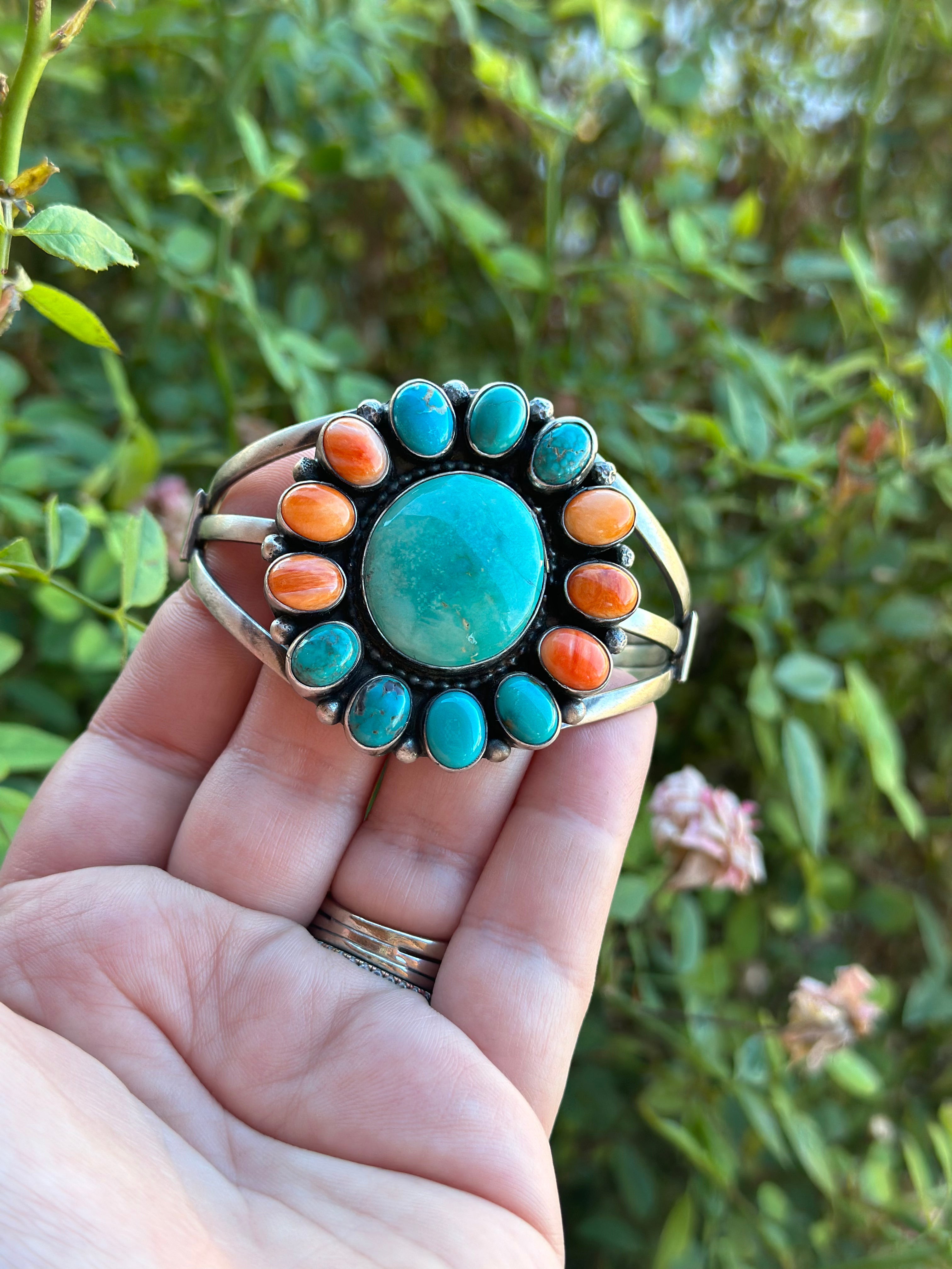 Navajo Sterling Silver, Turquoise & Orange Spiny Bracelet Cuff Signed Sheila Becenti