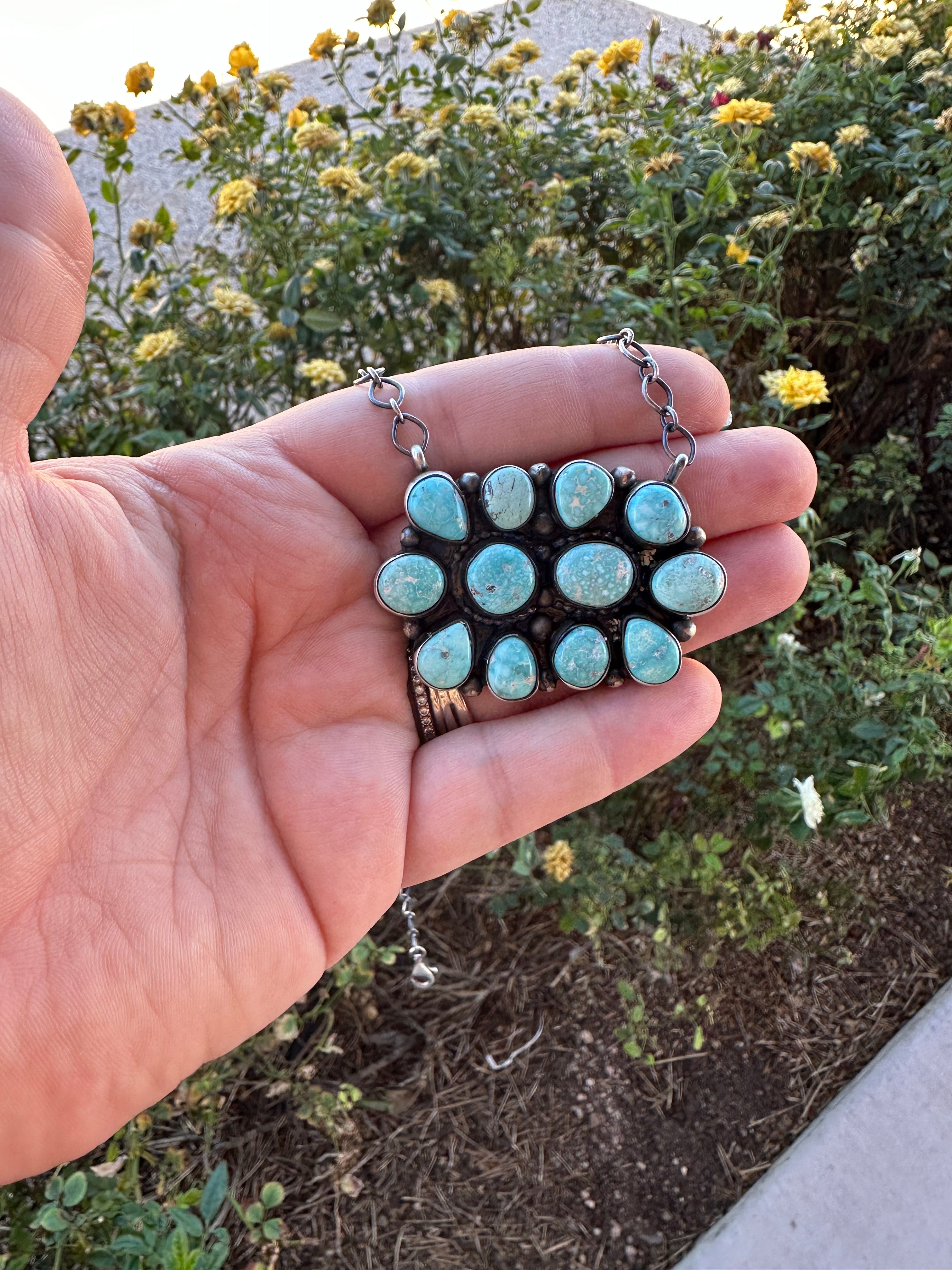 Navajo Turquoise & Sterling Silver Cluster Necklace Signed Sheila & Stamped