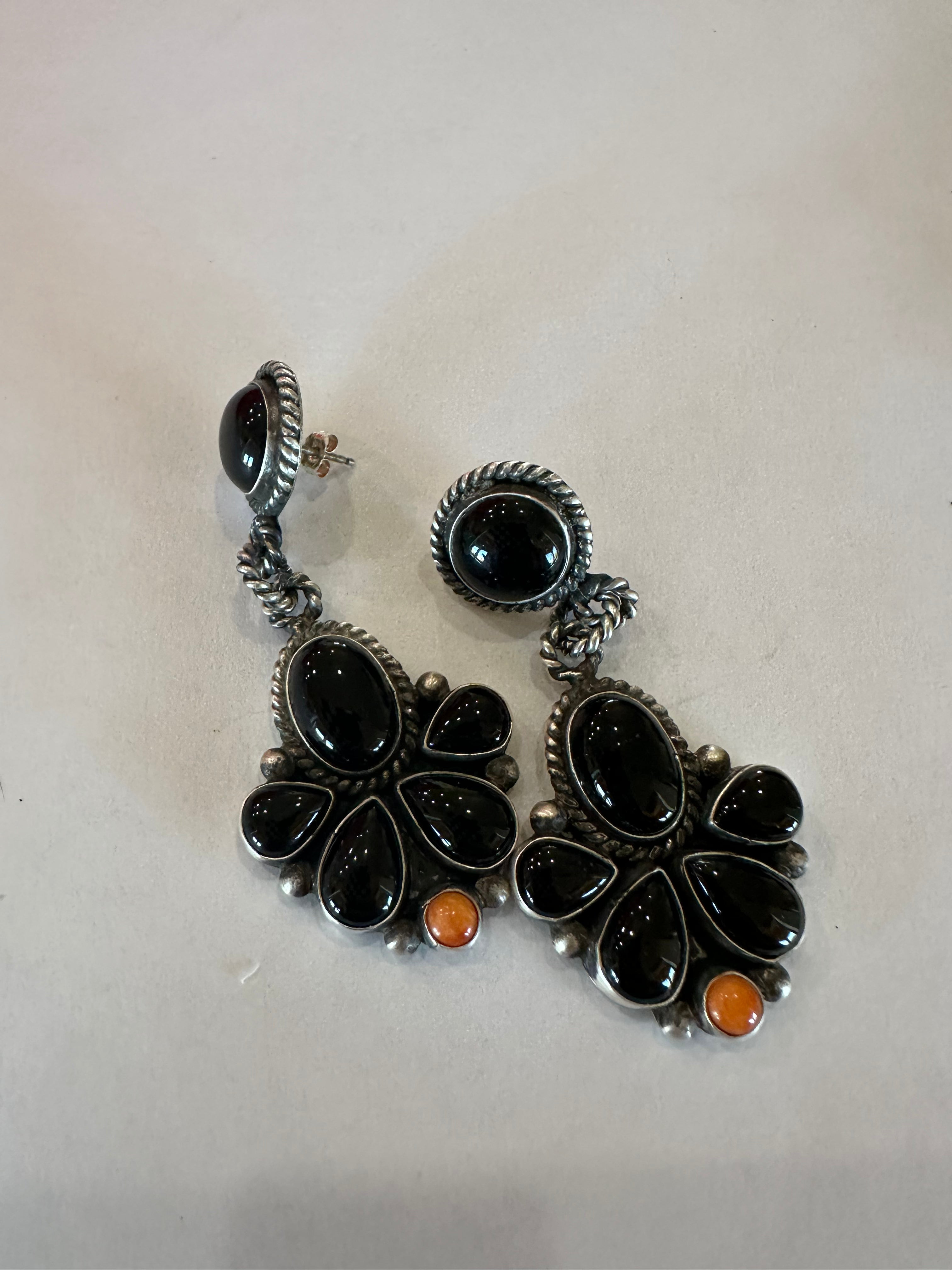 Navajo Onyx, Orange Spiny & Sterling Silver Cluster Dangle Earrings