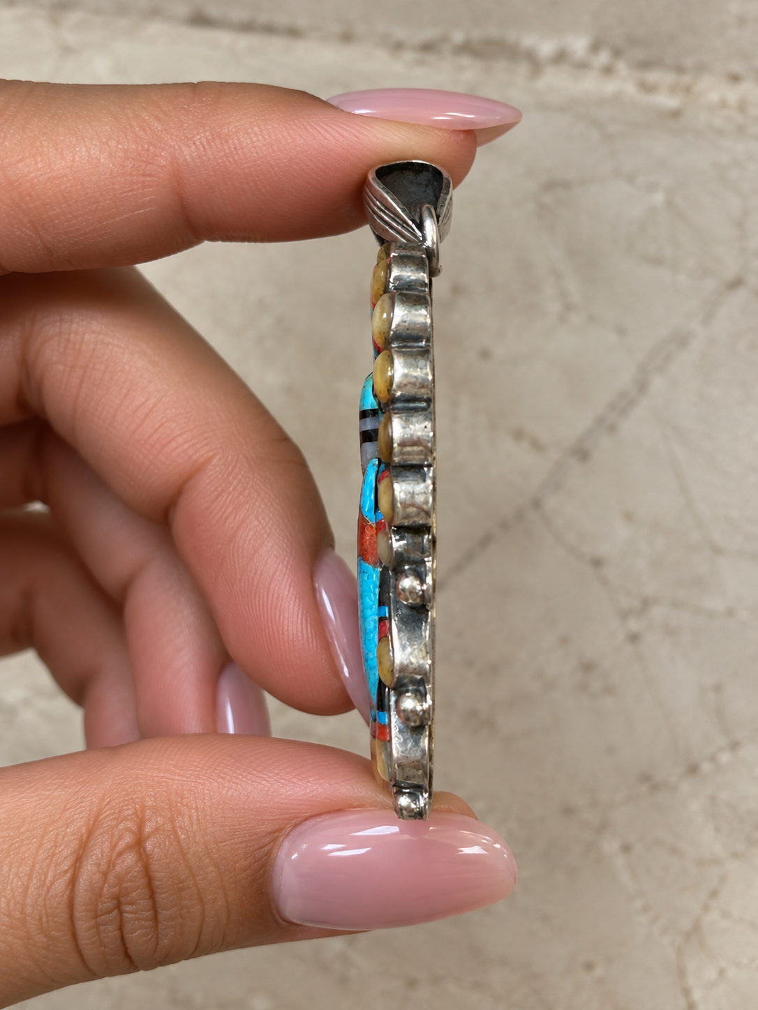 Handmade Sterling Silver Kachina Turquoise Pendant with Signed Nizhoni