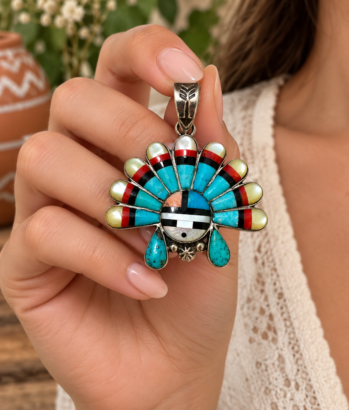 Handmade Sterling Silver Kachina Turquoise Pendant with Signed Nizhoni