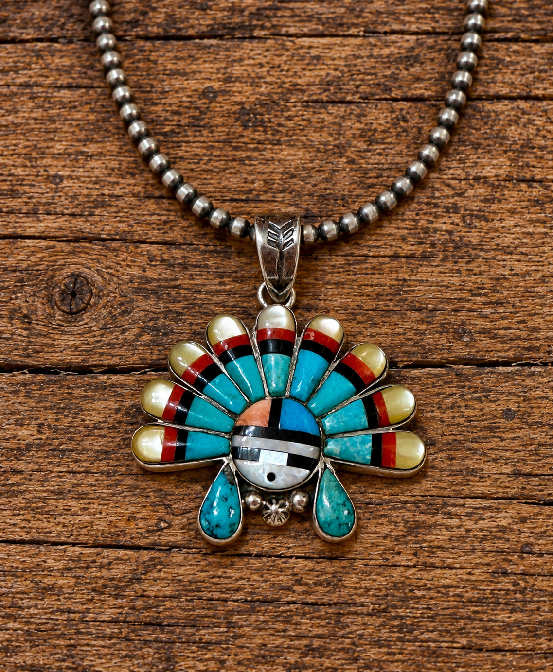 Handmade Sterling Silver Kachina Turquoise Pendant with Signed Nizhoni