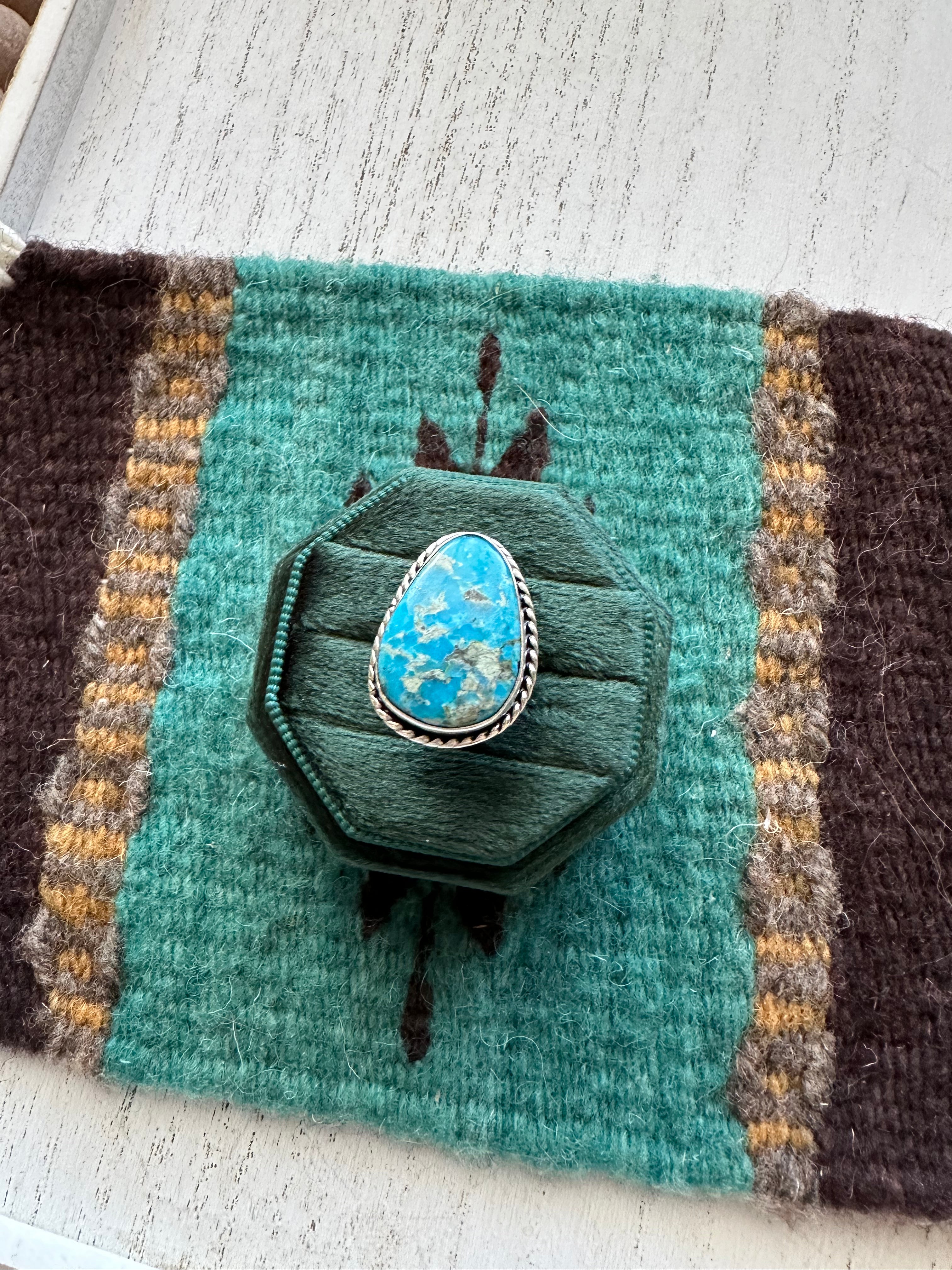 Navajo Single Stone Turquoise & Sterling Silver Ring Size 4.5 Signed P Skeets