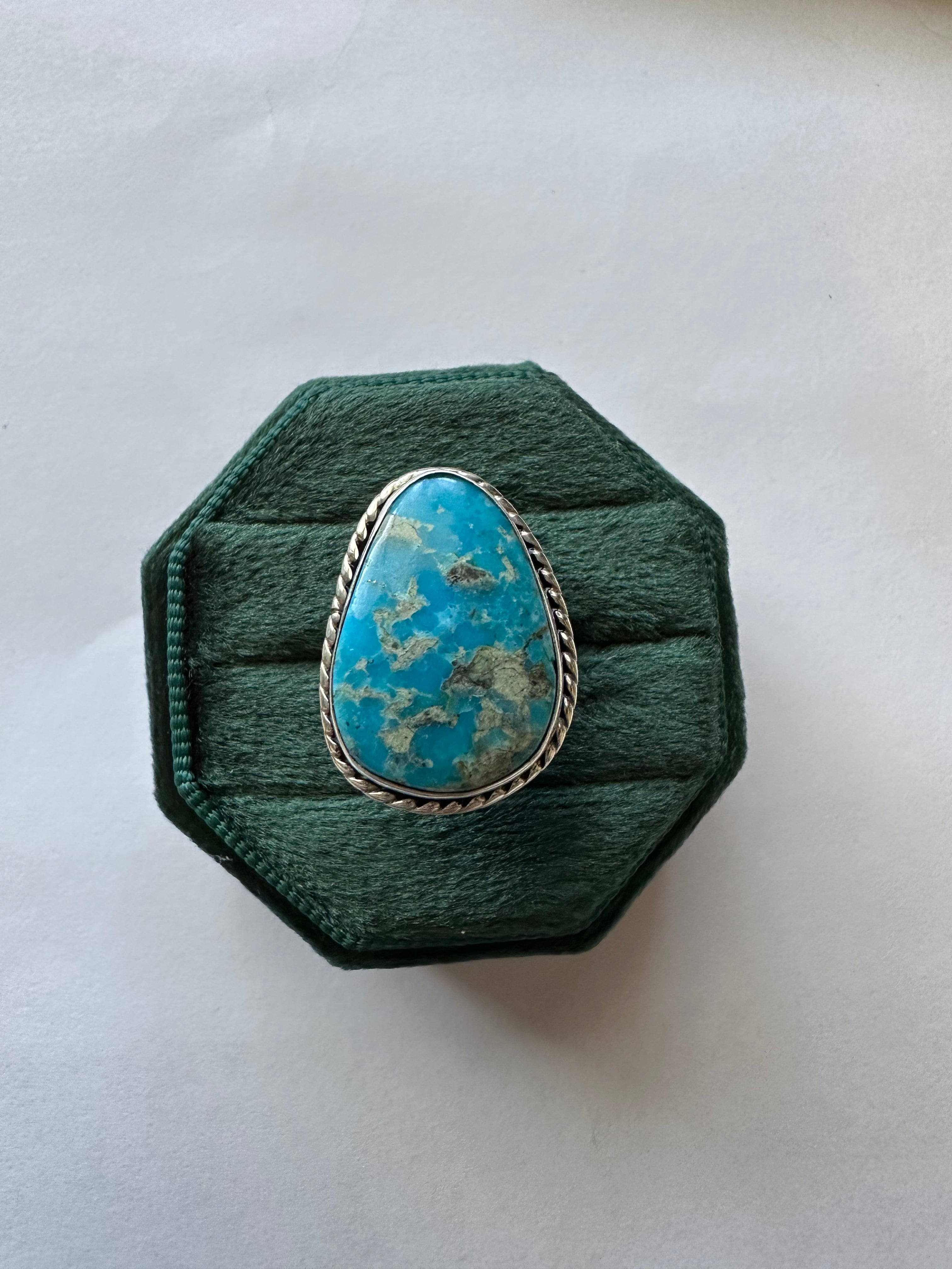 Navajo Single Stone Turquoise & Sterling Silver Ring Size 4.5 Signed P Skeets