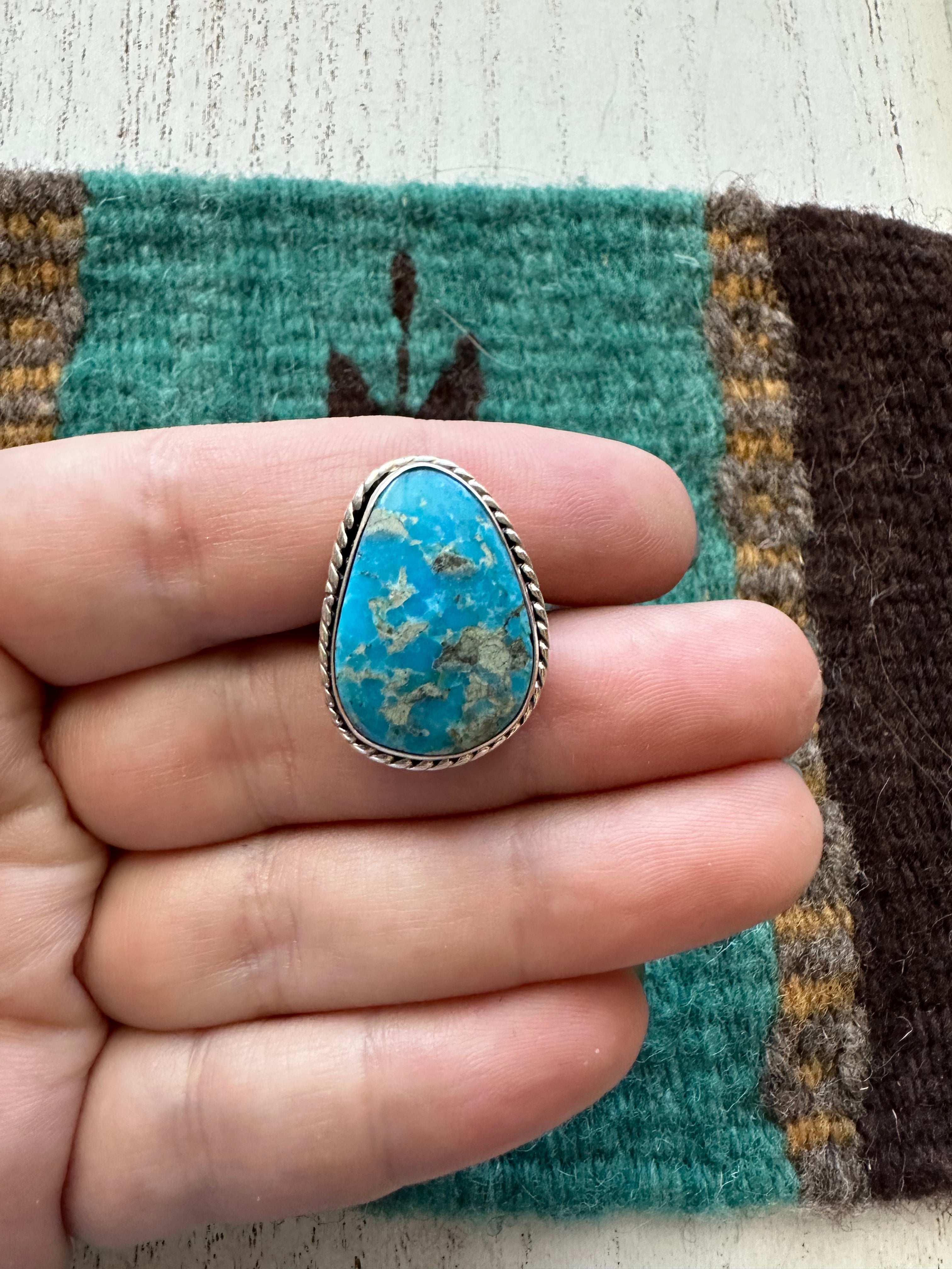 Navajo Single Stone Turquoise & Sterling Silver Ring Size 4.5 Signed P Skeets