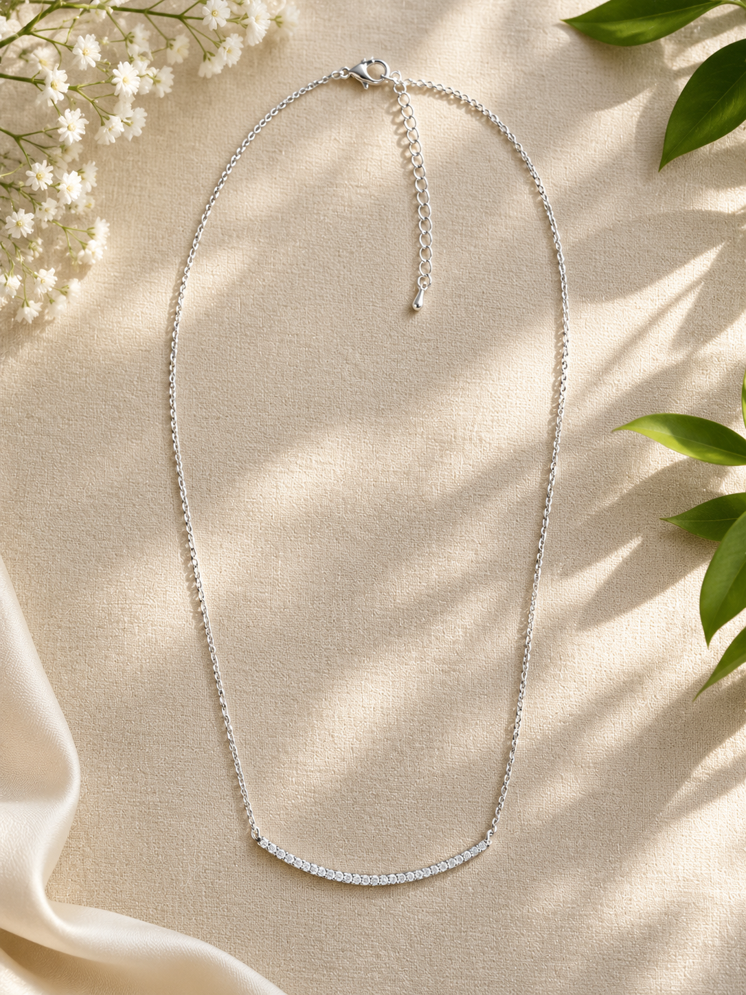 Silver Plated CZ Bar Smile Pendant Chain Necklace